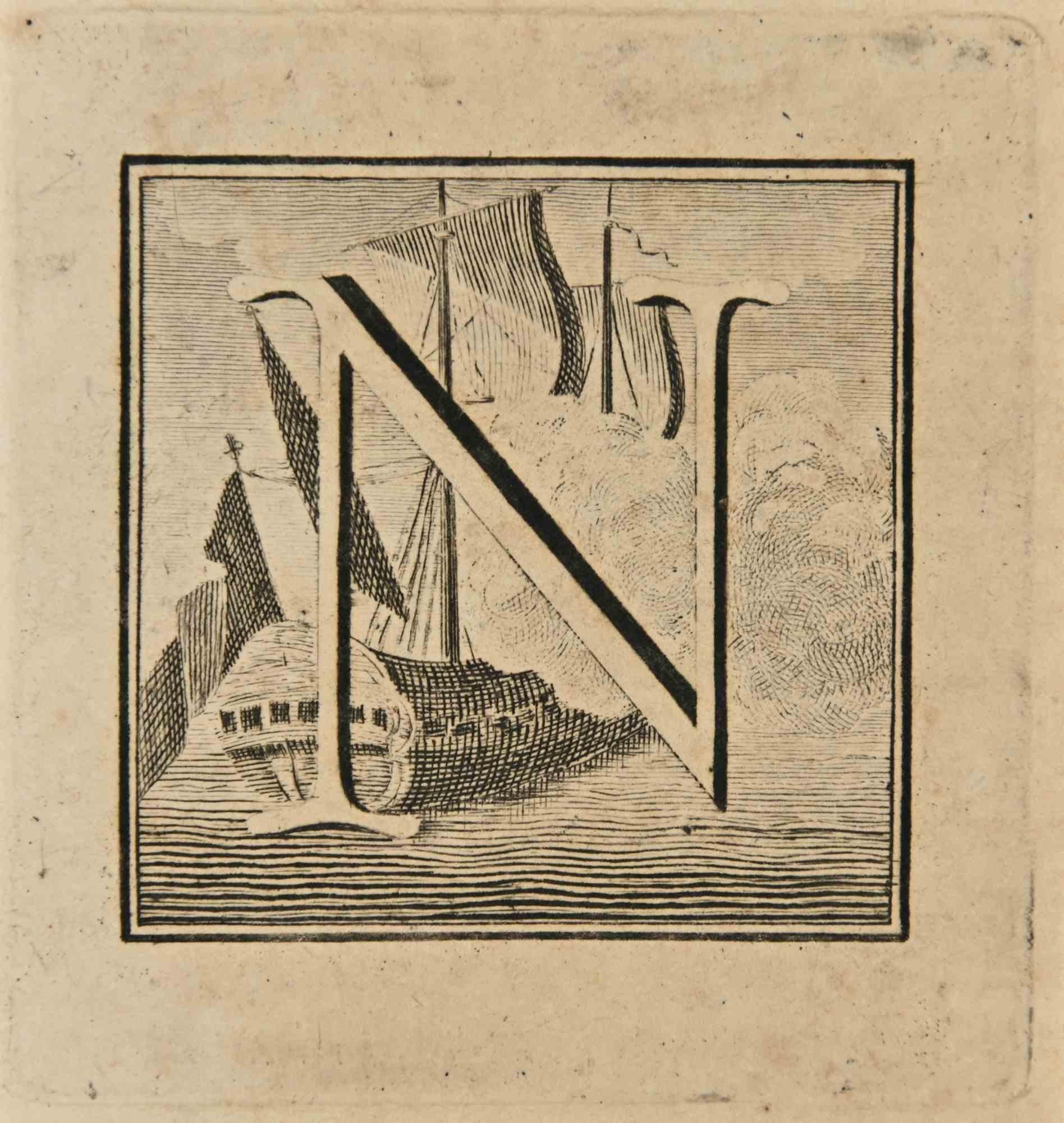Lettre de l'alphabet N,  de la série "Antiquités d'Herculanum", est une gravure sur papier réalisée par Luigi Vanvitelli au 18ème siècle.

Bonnes conditions.

La gravure appartient à la suite d'estampes "Antiquités d'Herculanum exposées" (titre