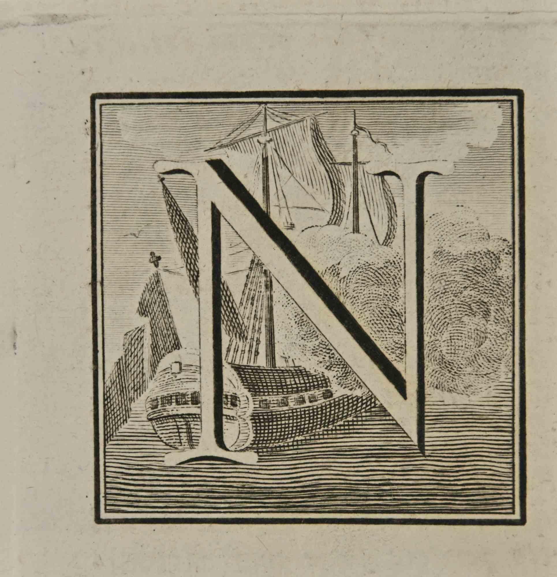 Letter of the Alphabet N,  from the series "Antiquities of Herculaneum", is an etching on paper realized by Luigi Vanvitelli in the 18th century.

Good conditions.

The etching belongs to the print suite “Antiquities of Herculaneum Exposed”