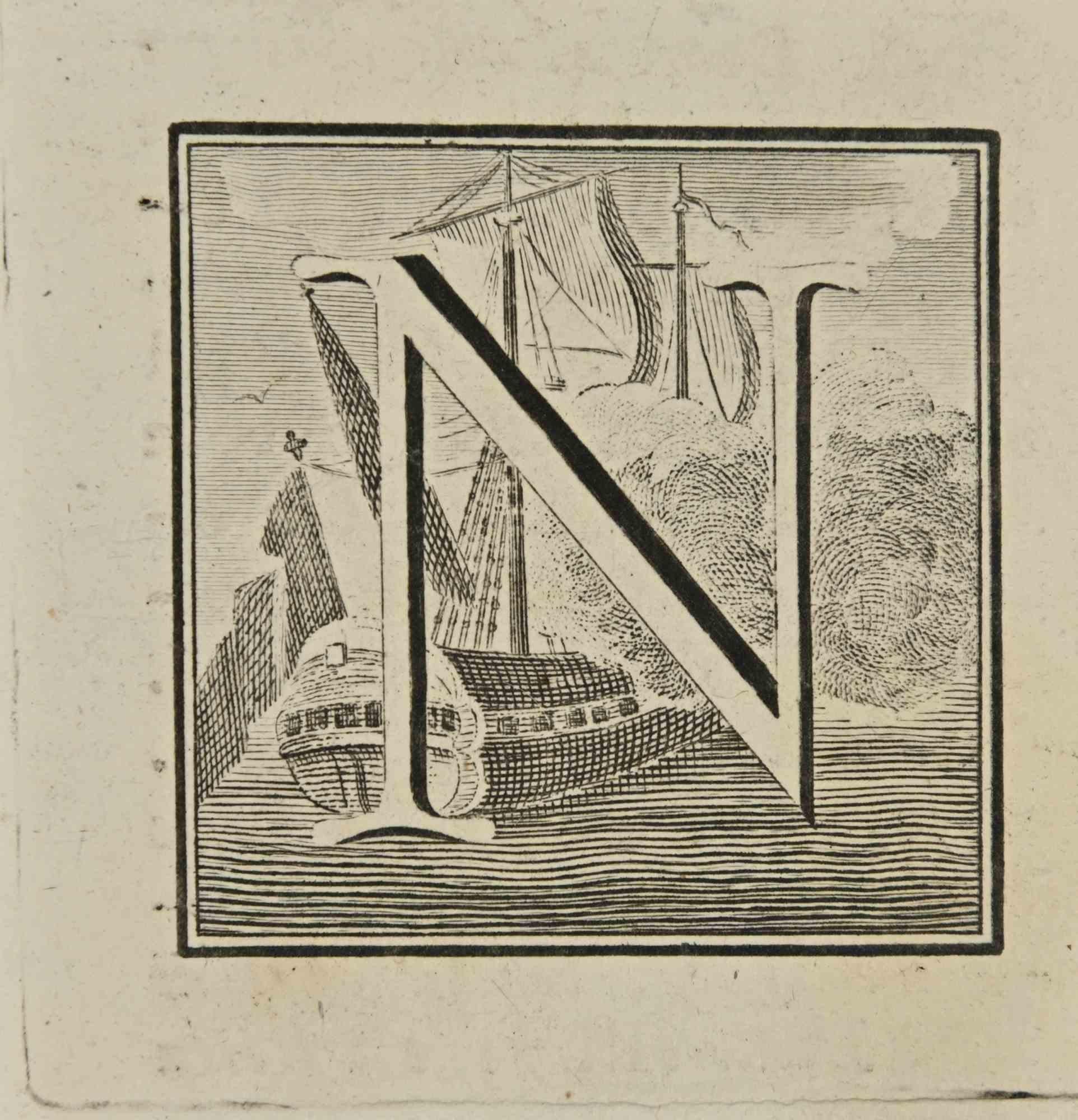 Buchstabe des Alphabets N,  aus der Serie "Altertümer von Herculaneum", ist eine Radierung auf Papier, die von Luigi Vanvitelli im 18.

Gute Bedingungen.

Die Radierung gehört zu der Druckserie "Antiquities of Herculaneum Exposed" (Originaltitel: