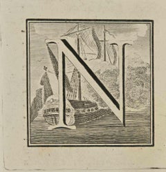 Antique Letter of the Alphabet N - Etching by Luigi Vanvitelli - 18th Century