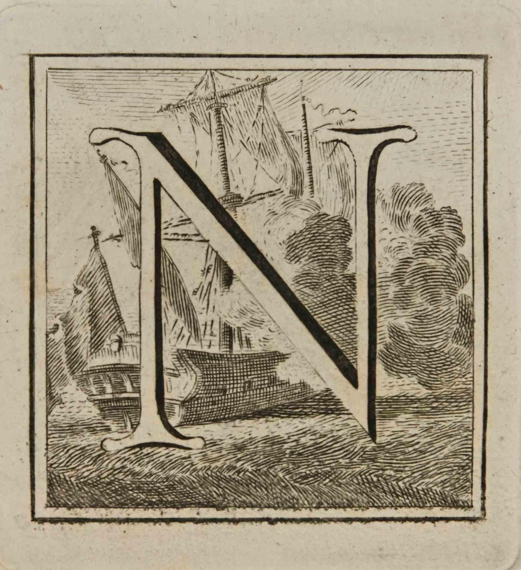 Buchstabe des Alphabets N,  aus der Serie "Altertümer von Herculaneum" ist eine Radierung auf Papier, die von Luigi Vanvitelli im 18.

Gute Bedingungen.

Die Radierung gehört zu der Druckserie "Antiquities of Herculaneum Exposed" (Originaltitel: "Le