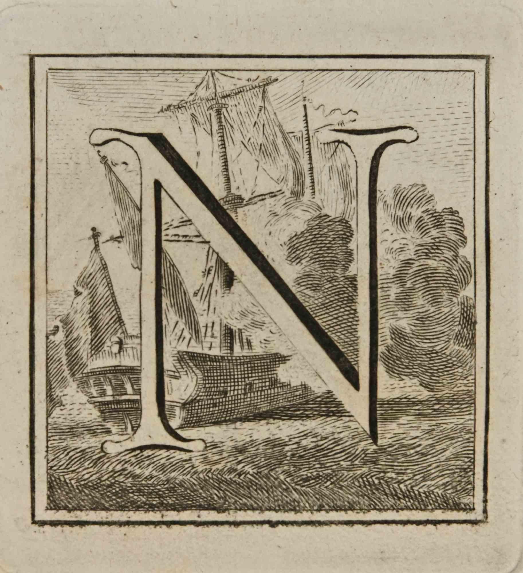 Letter of the Alphabet N from the series "Antiquities of Herculaneum", is an etching on paper realized by Luigi Vanvitelli in the 18th century.

Good conditions with some foxing.

The etching belongs to the print suite “Antiquities of Herculaneum