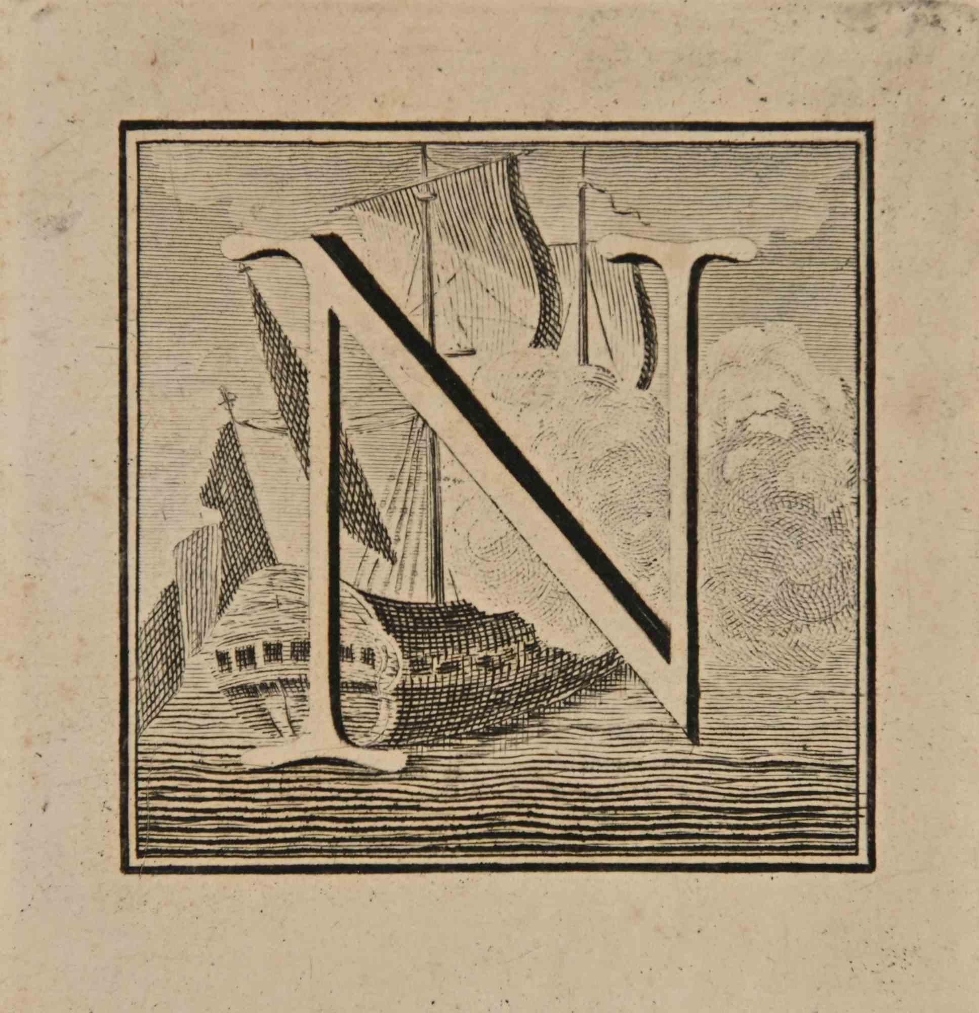 Lettre de l'alphabet N,  de la série "Antiquités d'Herculanum", est une gravure sur papier réalisée par Luigi Vanvitelli au 18ème siècle.

Bonnes conditions.

La gravure appartient à la suite d'estampes "Antiquités d'Herculanum exposées" (titre