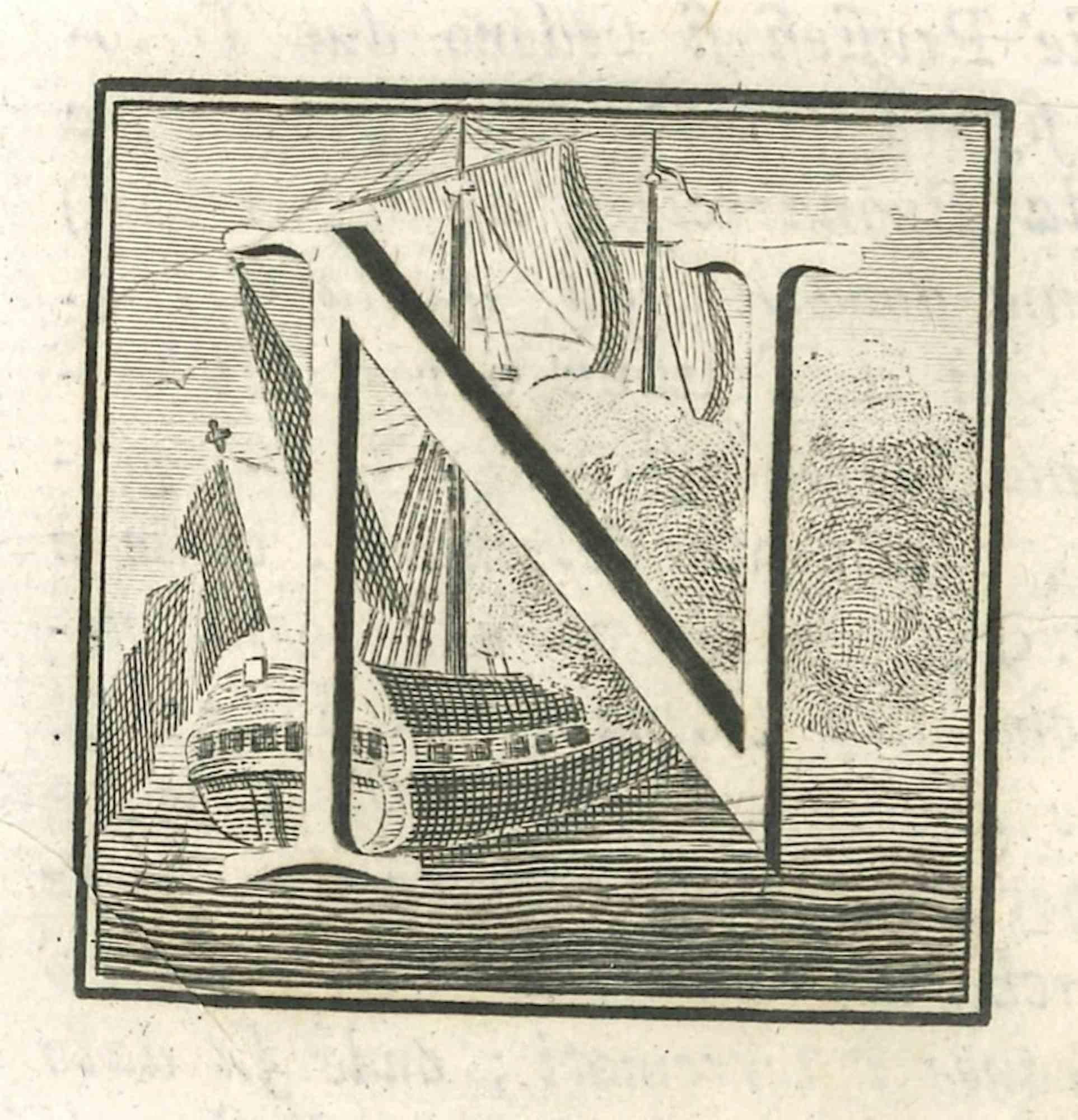 Lettre de l'alphabet N,  de la série "Antiquités d'Herculanum", est une gravure sur papier réalisée par divers auteurs au 18ème siècle.

Bonnes conditions.

La gravure appartient à la suite d'estampes "Antiquités d'Herculanum exposées" (titre