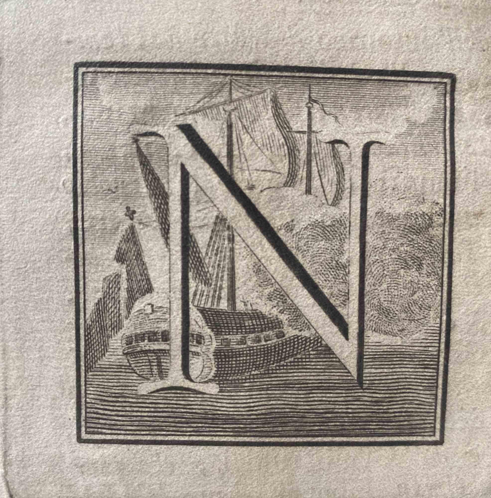 Lettre de l'alphabet N,  de la série "Antiquités d'Herculanum", est une gravure sur papier réalisée par Luigi Vanvitelli au 18ème siècle.

Bon état avec quelques pliures.

La gravure appartient à la suite d'estampes "Antiquités d'Herculanum