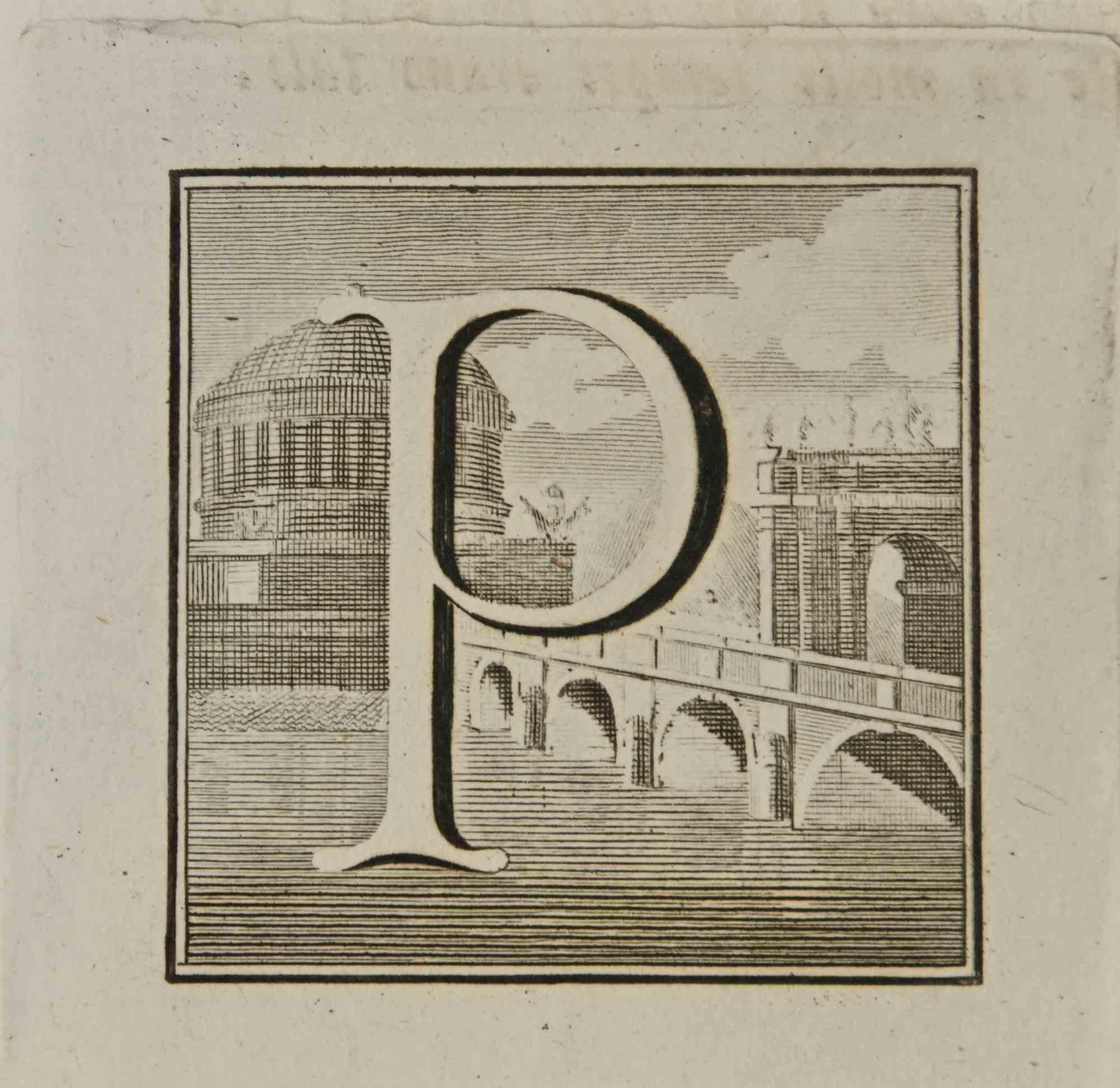 Lettre de l'alphabet P,  de la série "Antiquités d'Herculanum", est une gravure sur papier réalisée par Luigi Vanvitelli au 18ème siècle.

Bonnes conditions.

La gravure appartient à la suite d'estampes "Antiquités d'Herculanum exposées" (titre