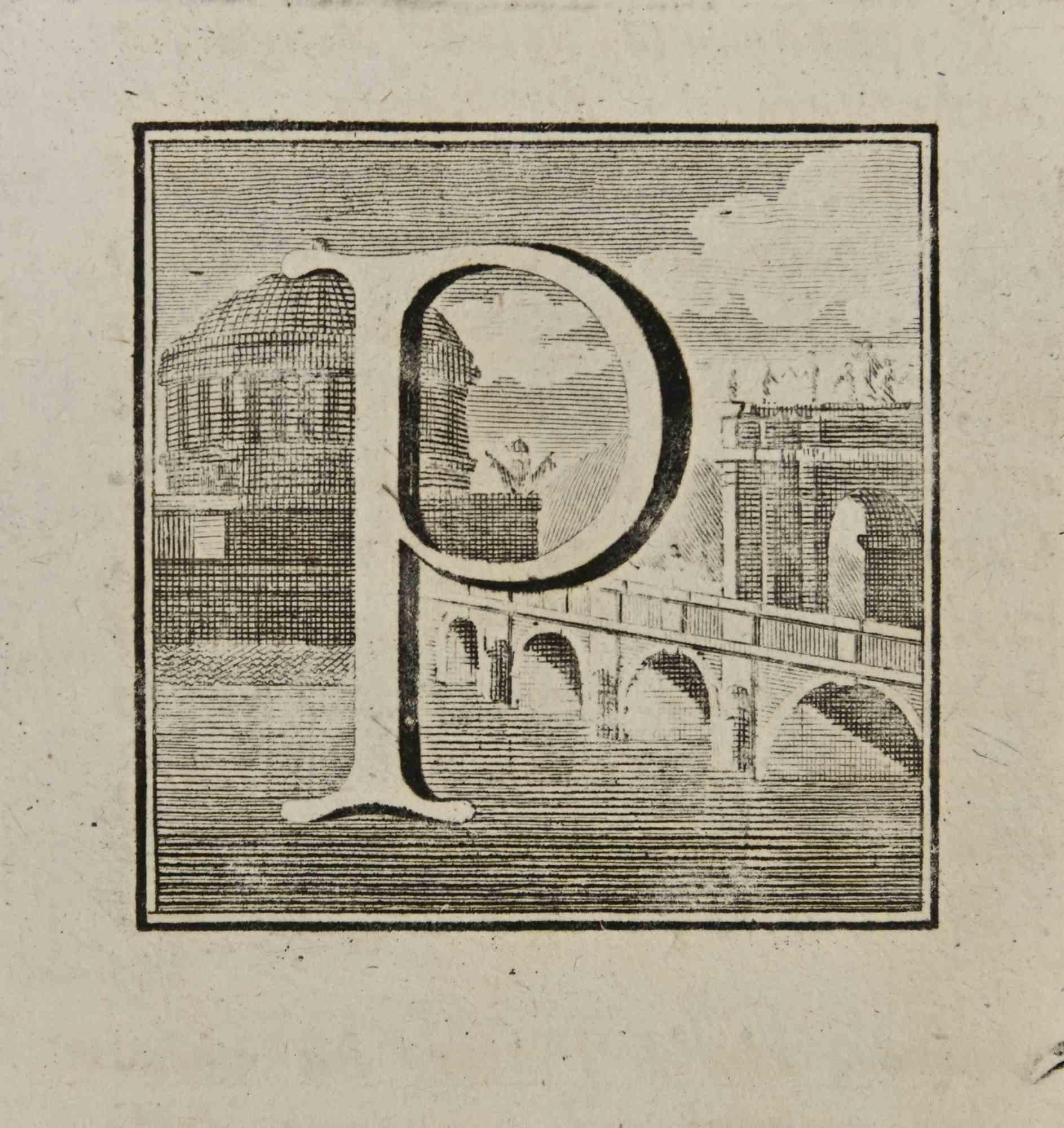 Buchstabe des Alphabets P,  aus der Serie "Altertümer von Herculaneum" ist eine Radierung auf Papier, die von Luigi Vanvitelli im 18.

Gute Bedingungen.

Die Radierung gehört zu der Druckserie "Antiquities of Herculaneum Exposed" (Originaltitel: "Le