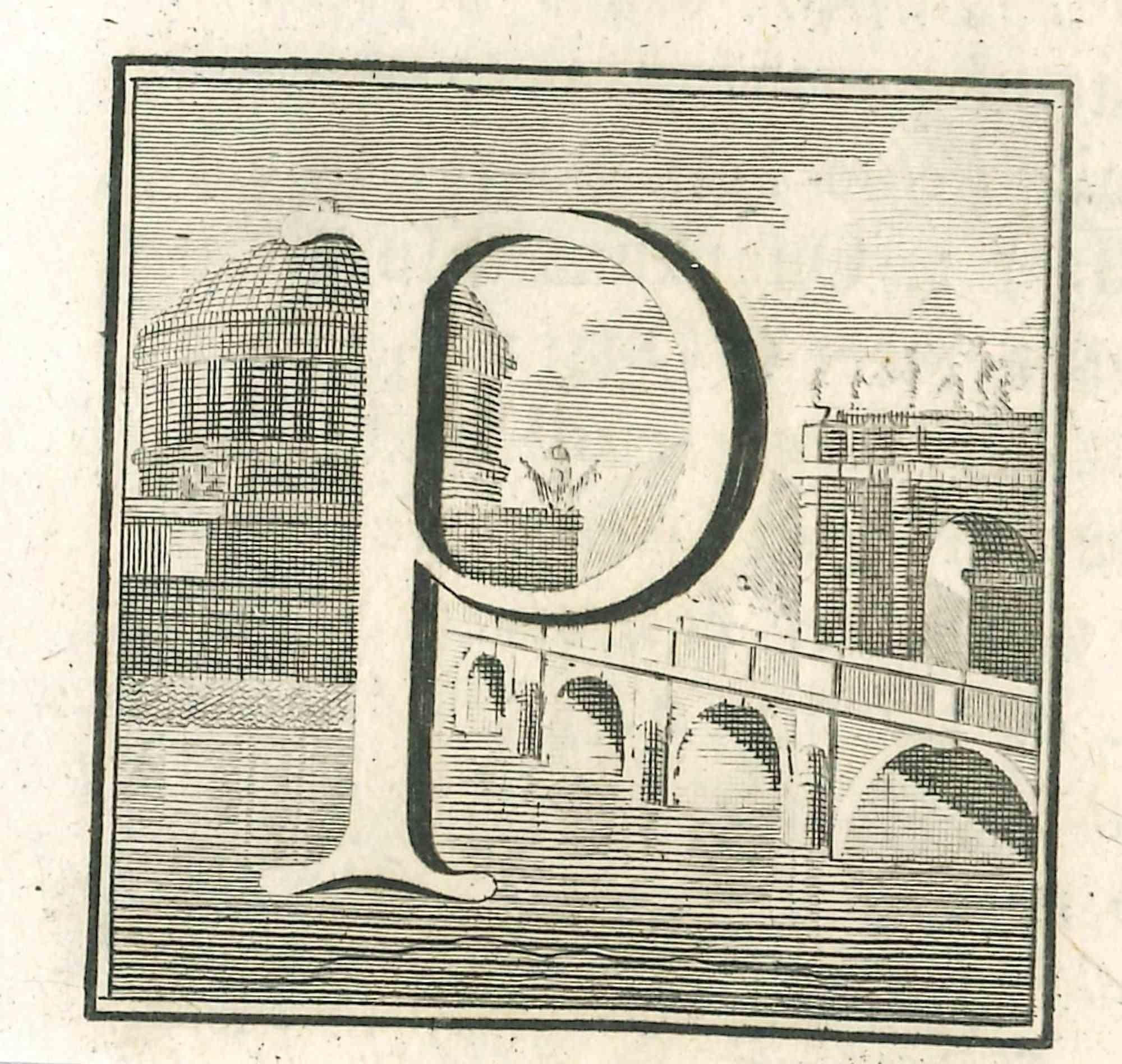 Buchstabe des Alphabets P,  aus der Serie "Altertümer von Herculaneum" ist eine Radierung auf Papier, die von Luigi Vanvitelli im 18.

Guter Zustand mit leichten Faltungen.

Die Radierung gehört zu der Druckserie "Antiquities of Herculaneum Exposed"