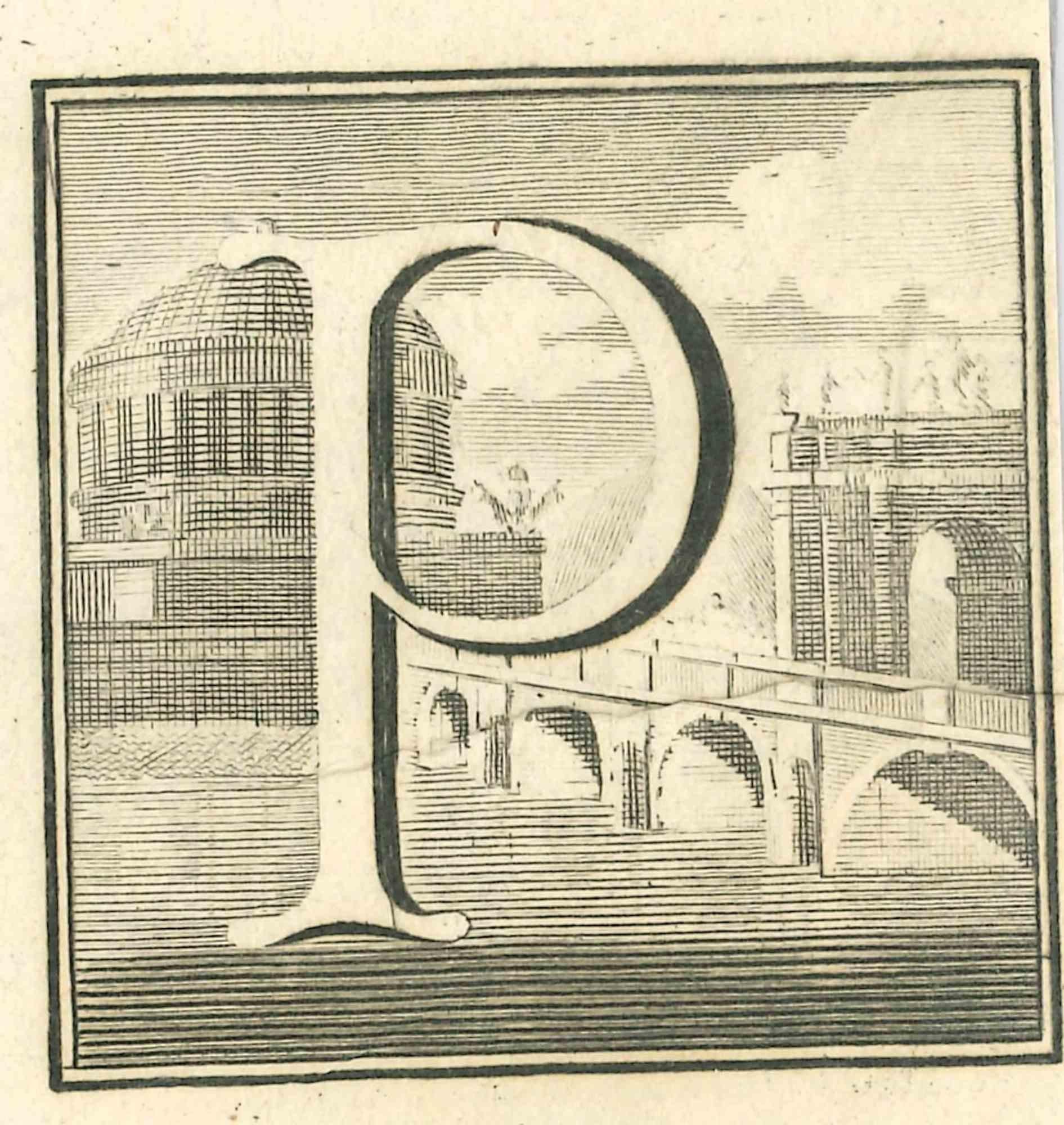 Buchstabe des Alphabets P,  aus der Serie "Altertümer von Herculaneum" ist eine Radierung auf Papier, die von Luigi Vanvitelli im 18.

Gute Bedingungen.

Die Radierung gehört zu der Druckserie "Antiquities of Herculaneum Exposed" (Originaltitel: "Le