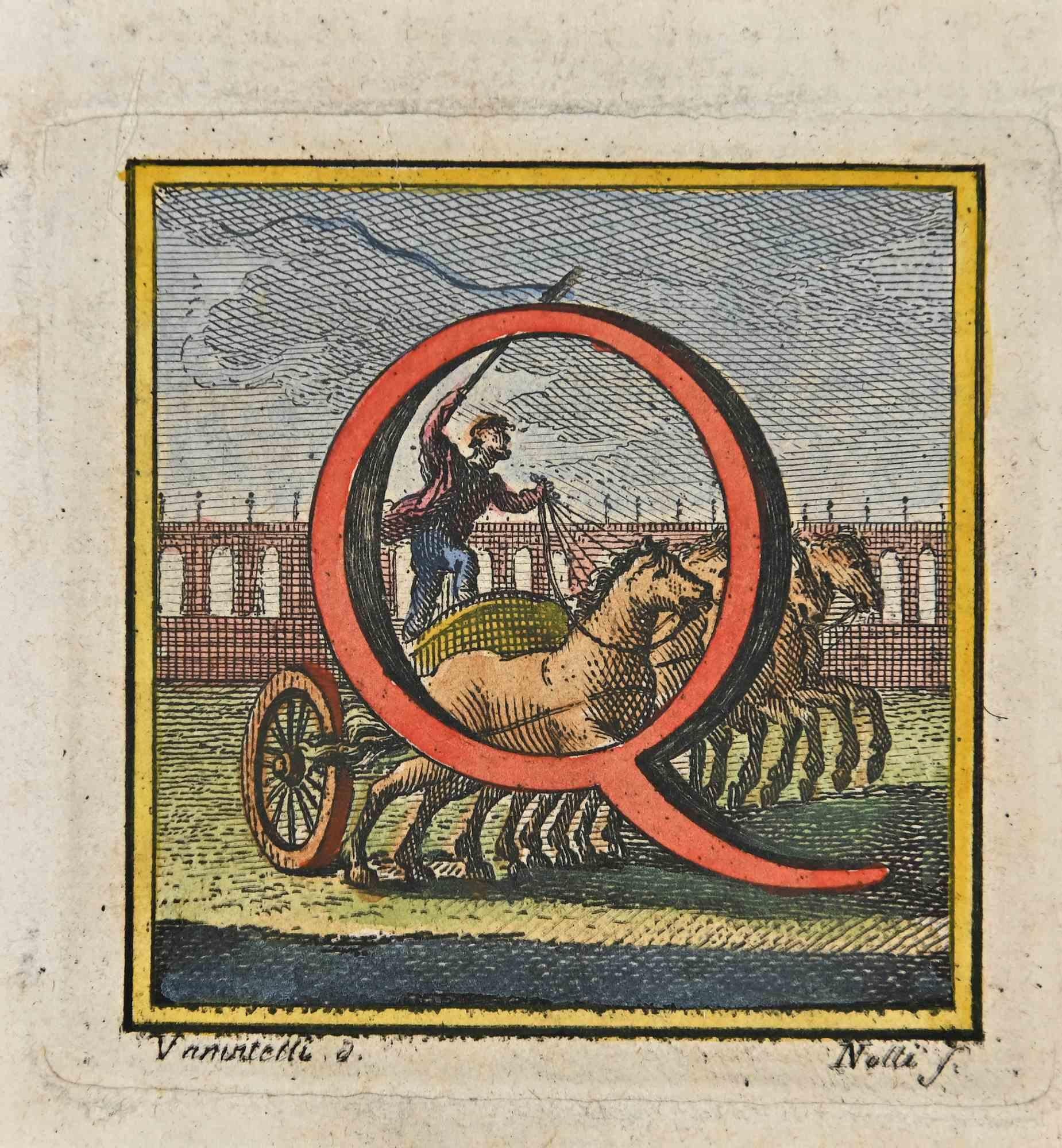Buchstabe des Alphabets Q aus der Serie "Antiquitäten von Herculaneum", ist eine Radierung auf Papier von Luigi Vanvitelli aus dem 18.

Signiert auf der Platte.

Gute Bedingungen.

Die Radierung gehört zu der Druckserie "Antiquities of Herculaneum
