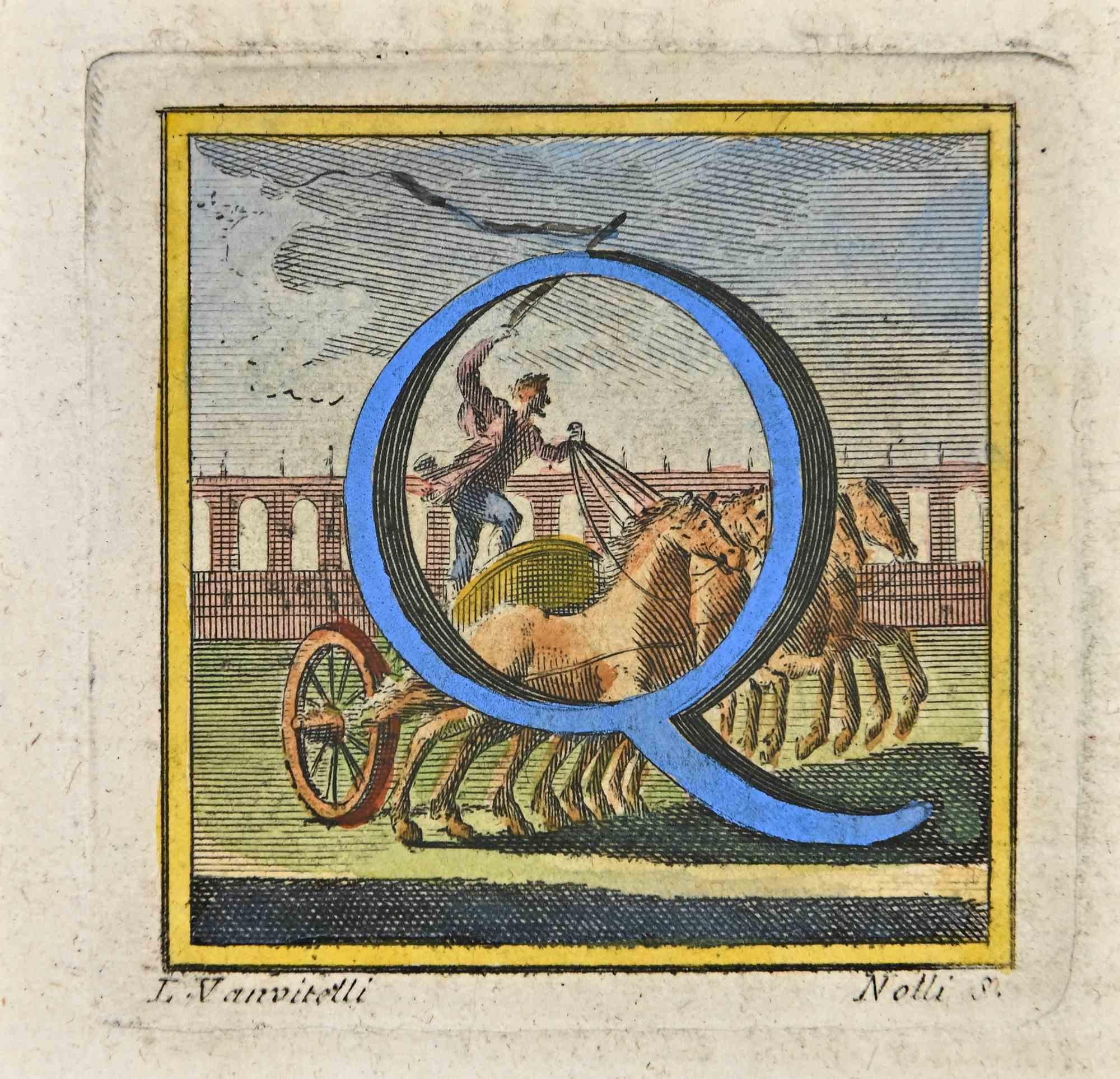 Letter of the Alphabet Q from the series "Antiquities of Herculaneum", is an etching on paper realized by Luigi Vanvitelli in the 18th century.

Signed on the plate.

Good conditions.

The etching belongs to the print suite “Antiquities of