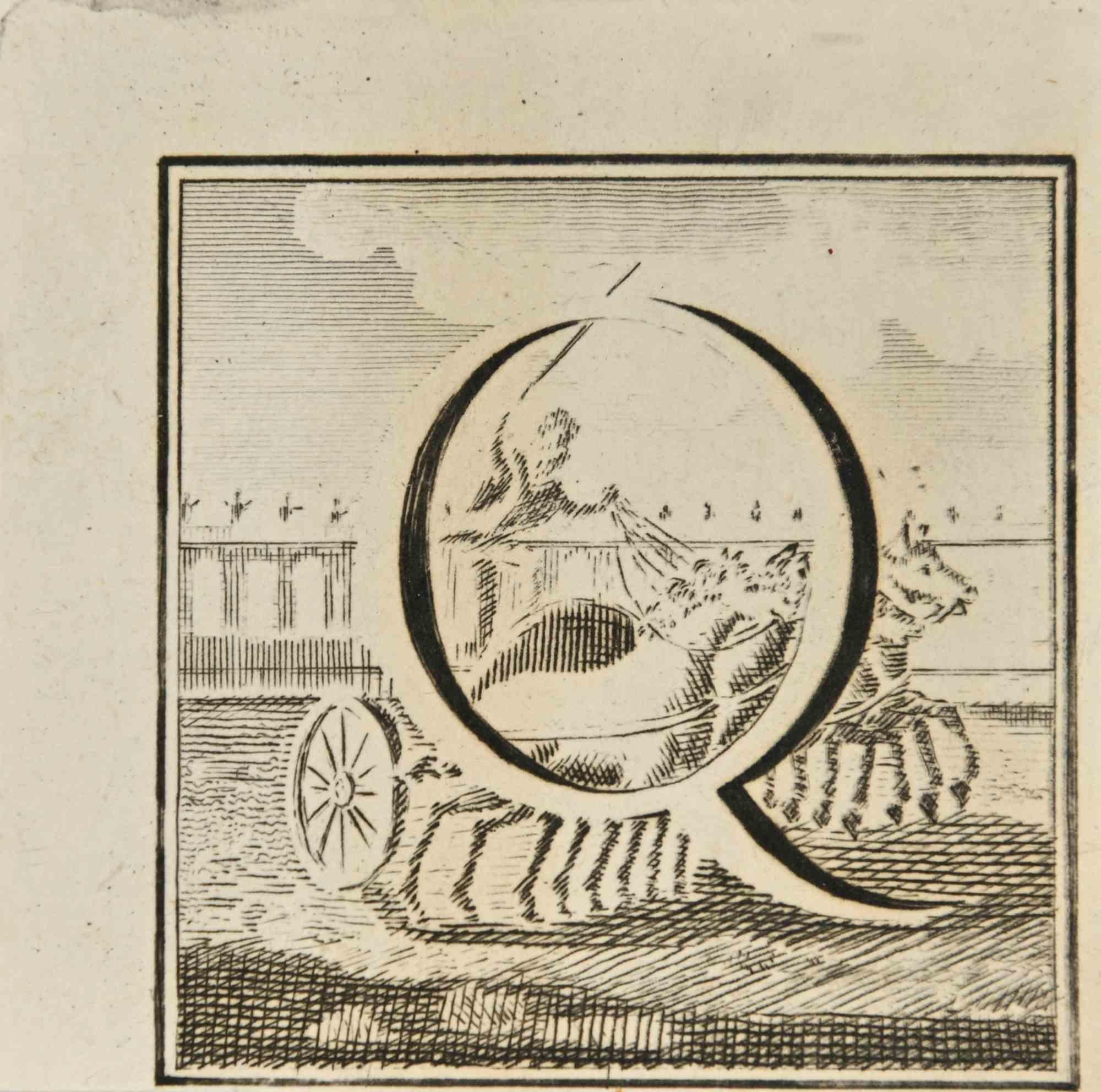 Letter of the Alphabet Q,  from the series "Antiquities of Herculaneum", is an etching on paper realized by Luigi Vanvitelli in the 18th century.

Good conditions.

The etching belongs to the print suite “Antiquities of Herculaneum Exposed”