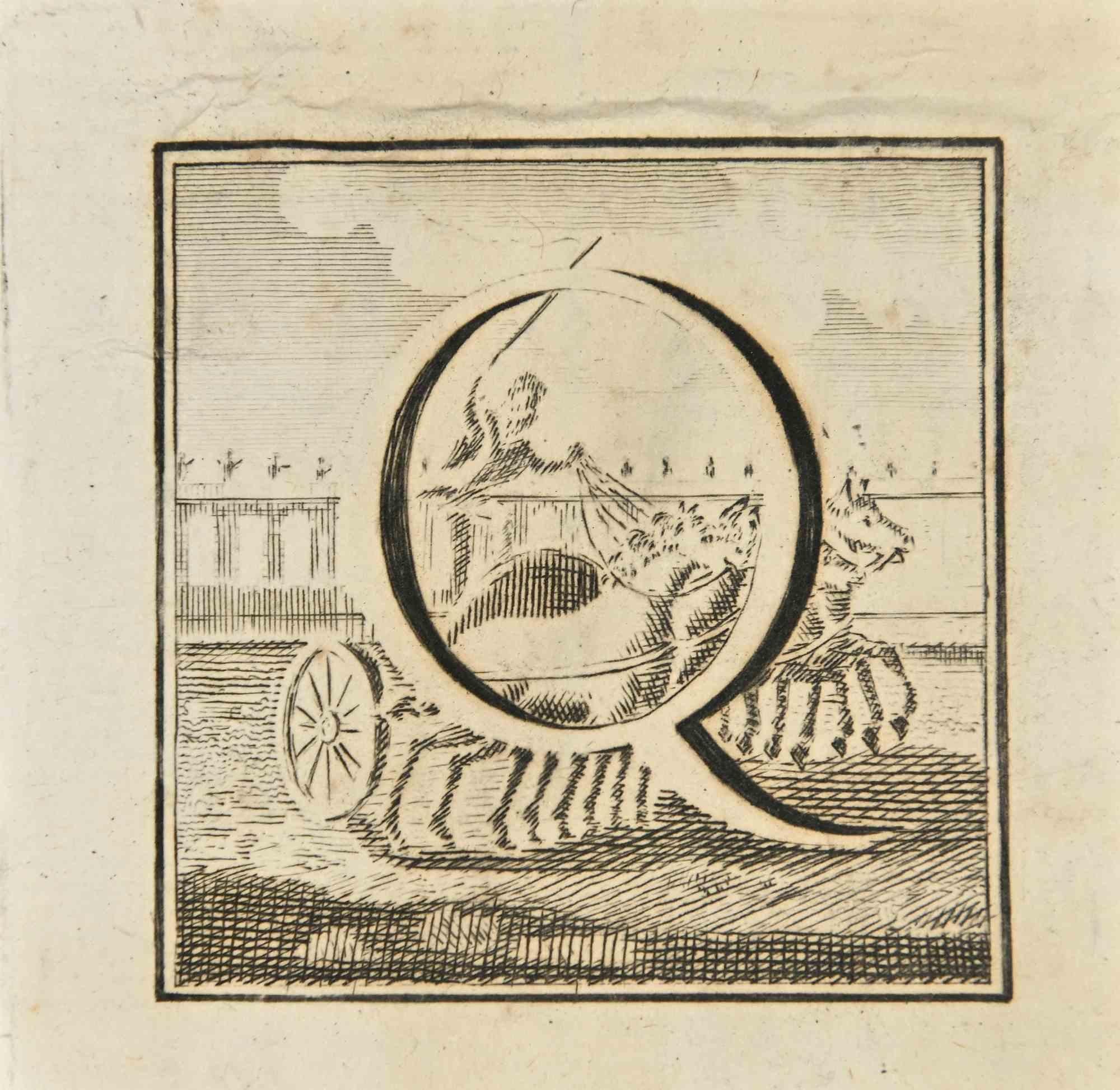 Letter of the Alphabet Q,  from the series "Antiquities of Herculaneum", is an etching on paper realized by Luigi Vanvitelli in the 18th century.

Good conditions with minor folding.

The etching belongs to the print suite “Antiquities of