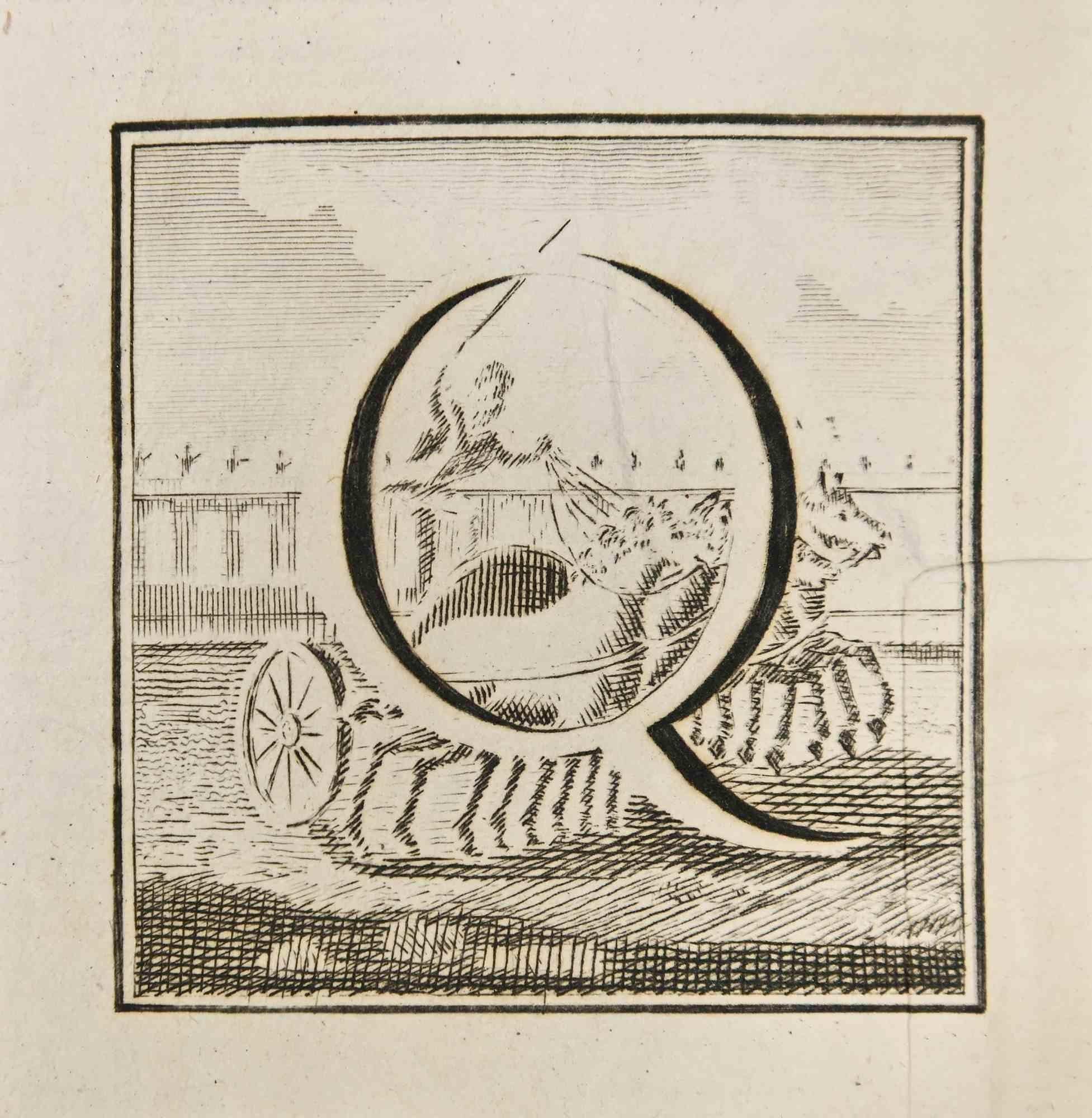 Letter of the Alphabet Q,  from the series "Antiquities of Herculaneum", is an etching on paper realized by Luigi Vanvitelli in the 18th century.

Good conditions.

The etching belongs to the print suite “Antiquities of Herculaneum Exposed”