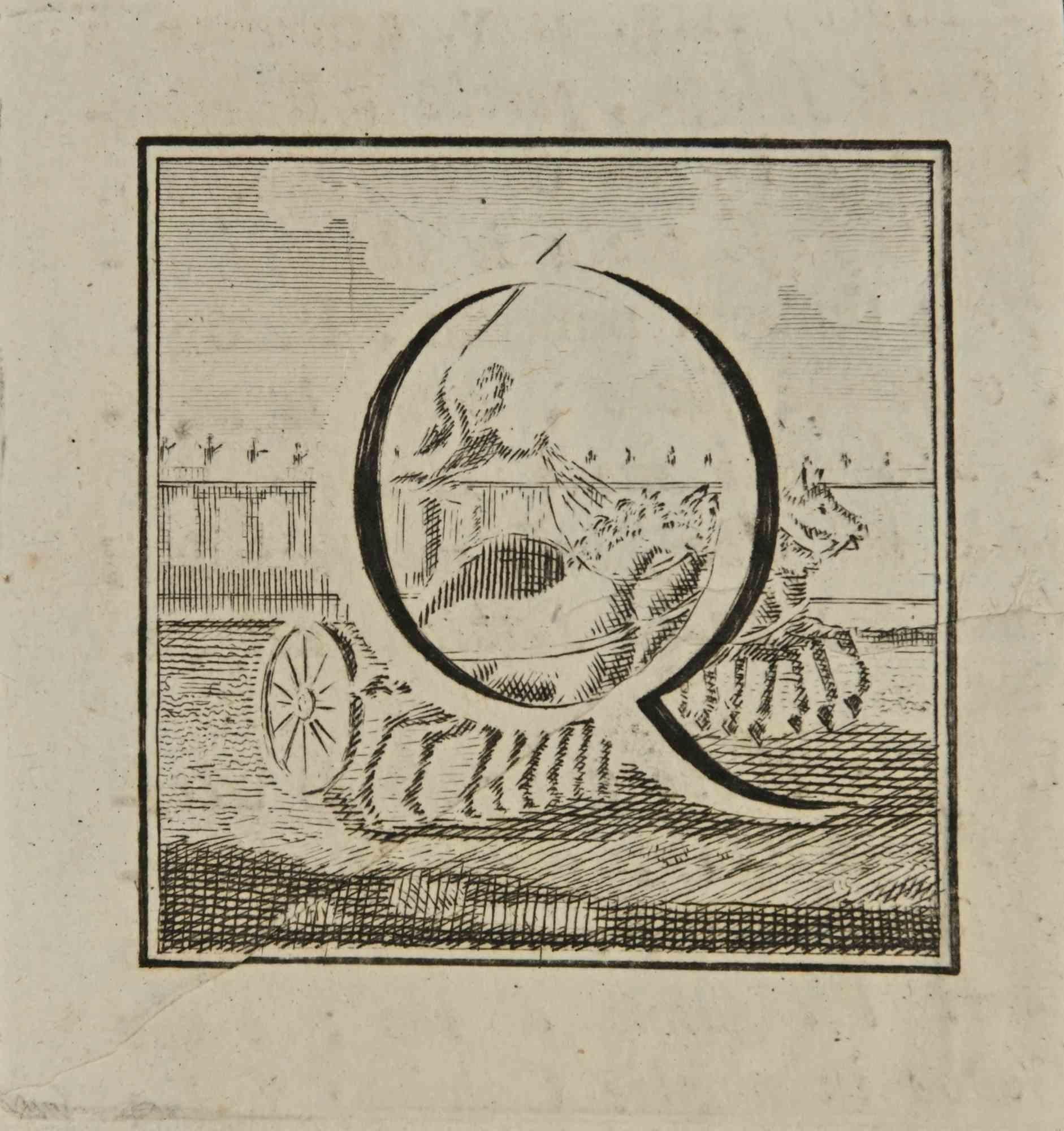 Letter of the Alphabet Q,  from the series "Antiquities of Herculaneum", is an etching on paper realized by Luigi Vanvitelli in the 18th century.

Good conditions.

The etching belongs to the print suite “Antiquities of Herculaneum Exposed”