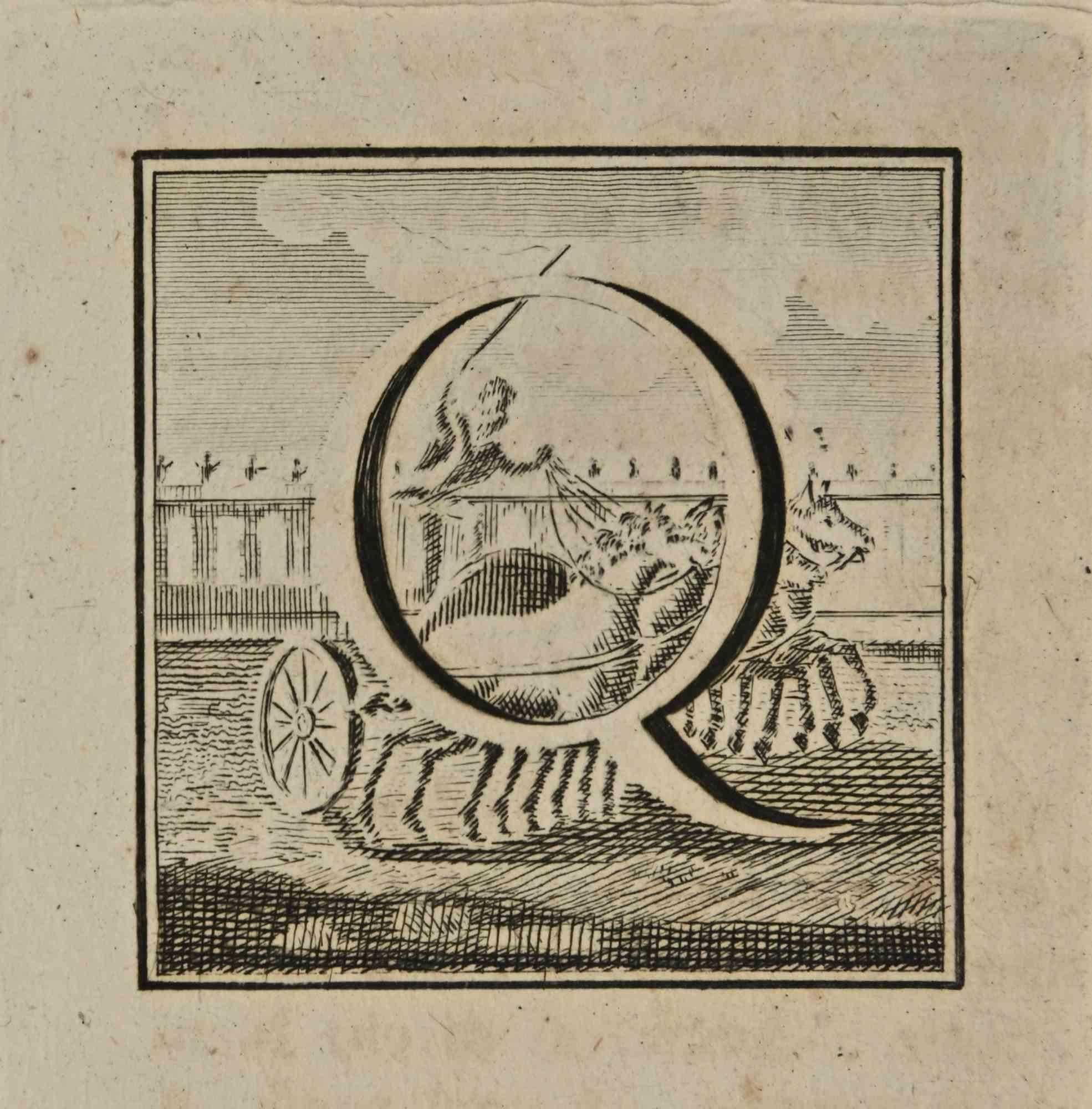 Letter of the Alphabet Q,  from the series "Antiquities of Herculaneum", is an etching on paper realized by Luigi Vanvitelli in the 18th century.

Good conditions.

The etching belongs to the print suite “Antiquities of Herculaneum Exposed”