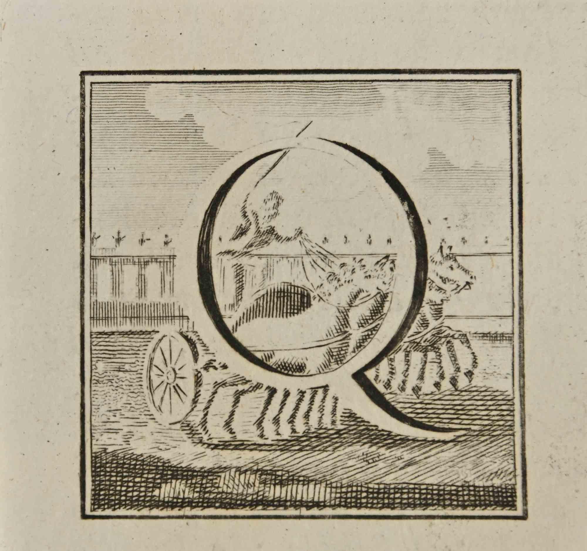 Lettera dell'alfabeto Q,  della serie "Antichità di Ercolano", è un'acquaforte su carta realizzata da Luigi Vanvitelli nel XVIII secolo.

Buone condizioni.

L'incisione appartiene alla suite di stampe "Antiquities of Herculaneum Exposed" (titolo