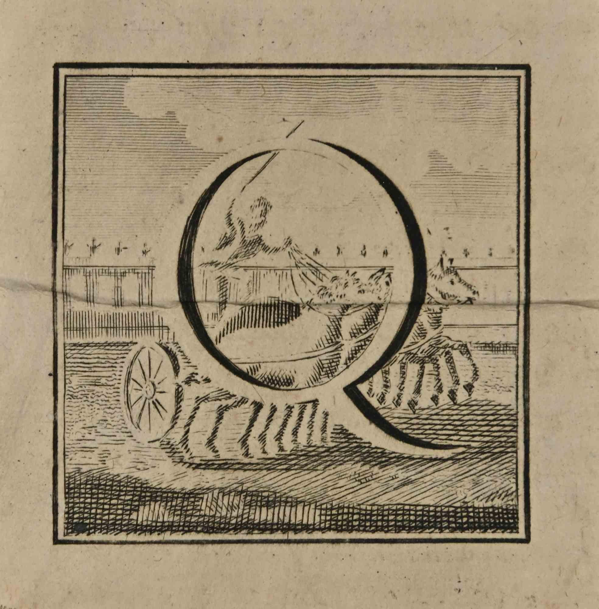 Lettre de l'alphabet Q,  de la série "Antiquités d'Herculanum", est une gravure sur papier réalisée par Luigi Vanvitelli au 18ème siècle.

Bon état avec des pliures.

La gravure appartient à la suite d'estampes "Antiquités d'Herculanum exposées"