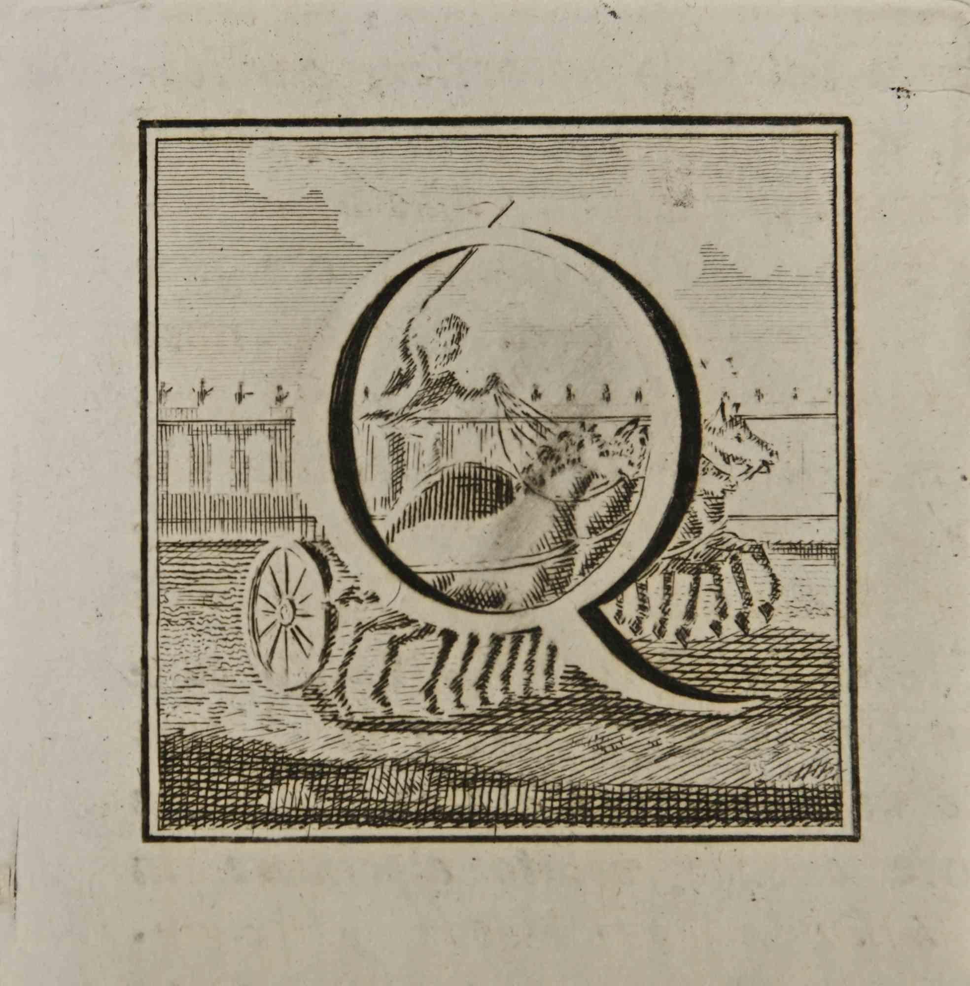 Lettre de l'alphabet Q,  de la série "Antiquités d'Herculanum", est une gravure sur papier réalisée par Luigi Vanvitelli au 18ème siècle.

Bonnes conditions.

La gravure appartient à la suite d'estampes "Antiquités d'Herculanum exposées" (titre