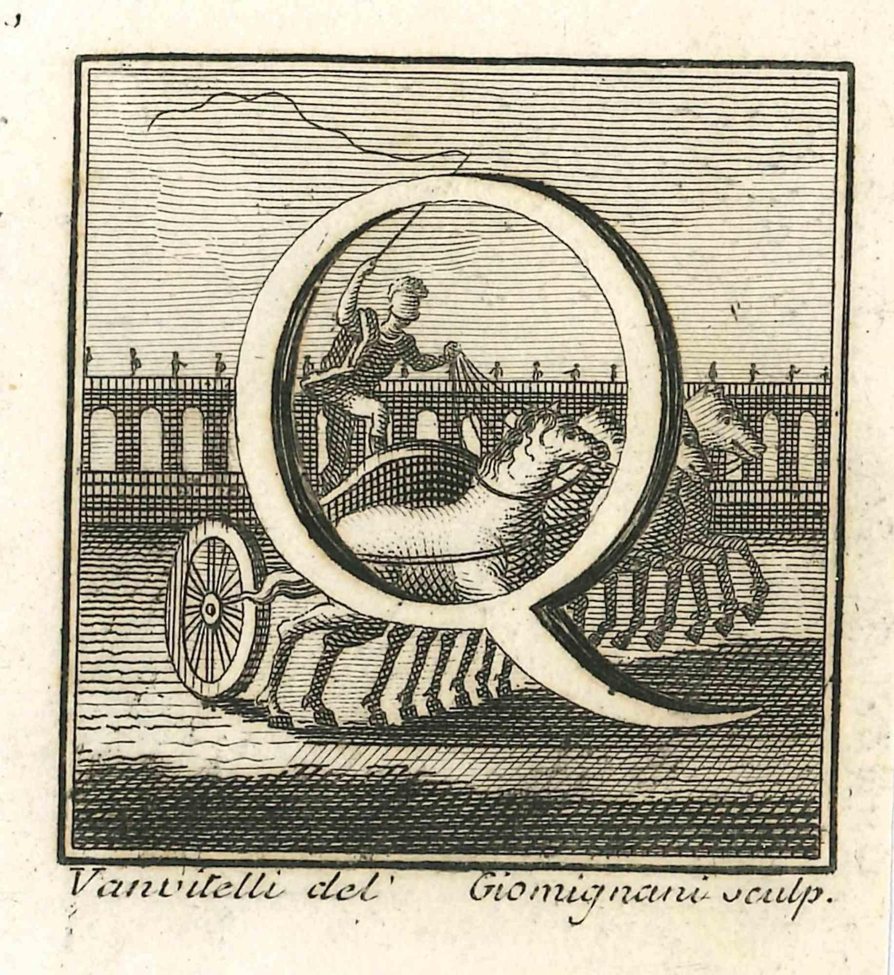 Letter of the Alphabet Q,  from the series "Antiquities of Herculaneum", is an etching on paper realized by Luigi Vanvitelli in the 18th century.

Good conditions.

The etching belongs to the print suite “Antiquities of Herculaneum Exposed”