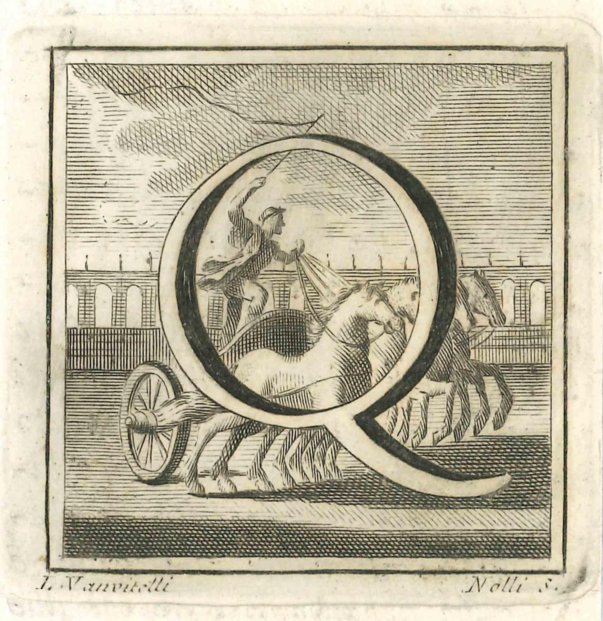 Lettre de l'alphabet Q,  de la série "Antiquités d'Herculanum", est une gravure sur papier réalisée par Luigi Vanvitelli au 18ème siècle.

Bon état avec quelques pliures.

La gravure appartient à la suite d'estampes "Antiquités d'Herculanum