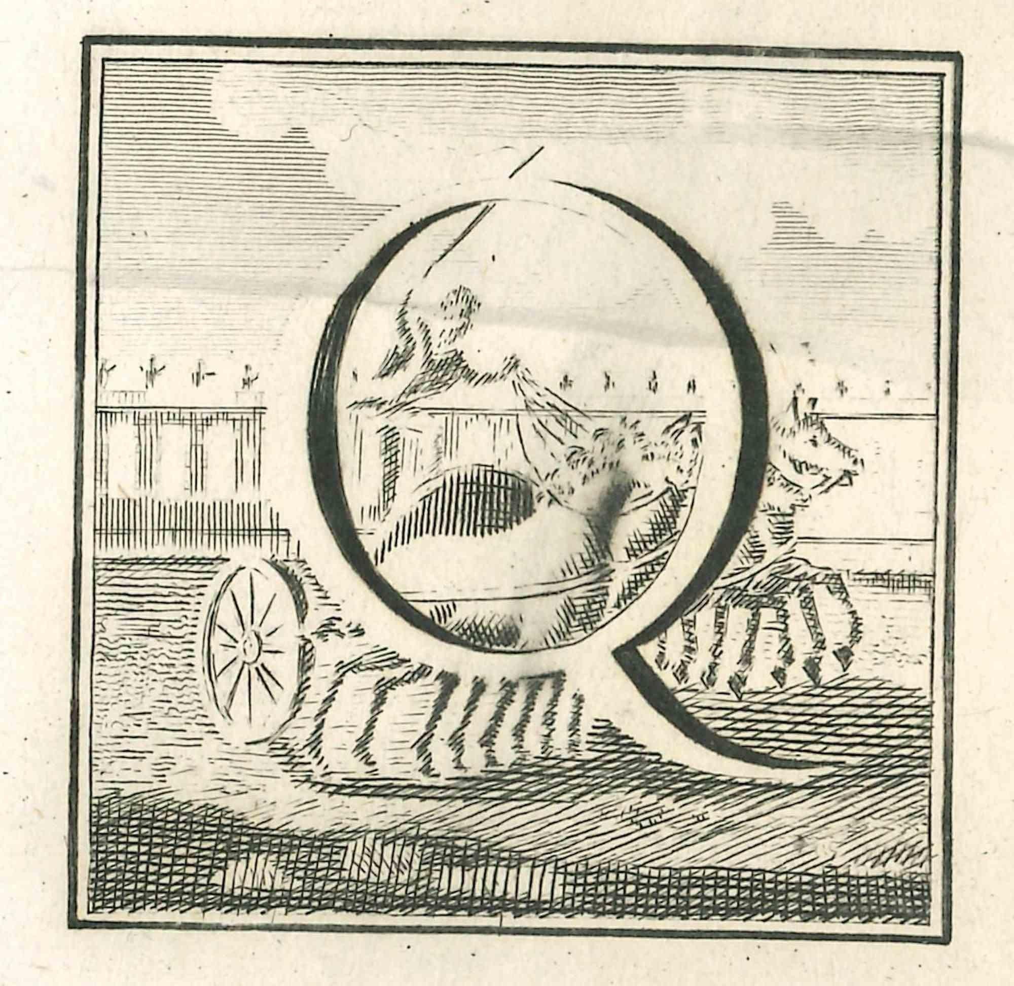 Buchstabe des Alphabets Q,  aus der Serie "Altertümer von Herculaneum" ist eine Radierung auf Papier, die von Luigi Vanvitelli im 18.

Guter Zustand mit einigen Faltungen.

Die Radierung gehört zu der Druckserie "Antiquities of Herculaneum Exposed"