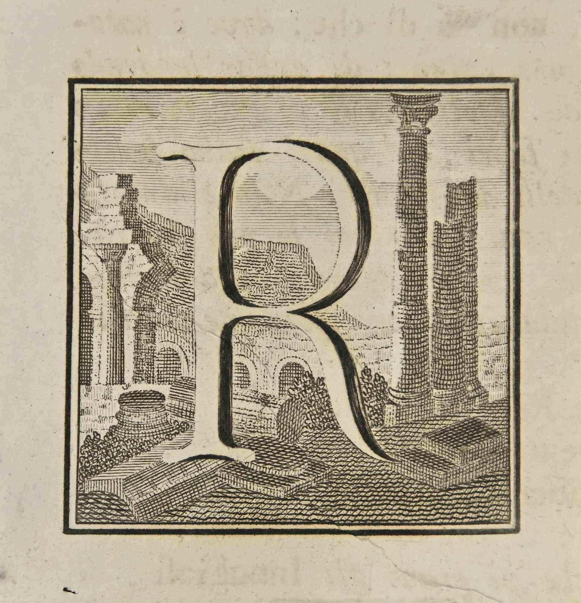 Letter of the Alphabet R,  from the series "Antiquities of Herculaneum", is an etching on paper realized by Luigi Vanvitelli in the 18th century.

Good conditions with minor foxing.

The etching belongs to the print suite “Antiquities of Herculaneum