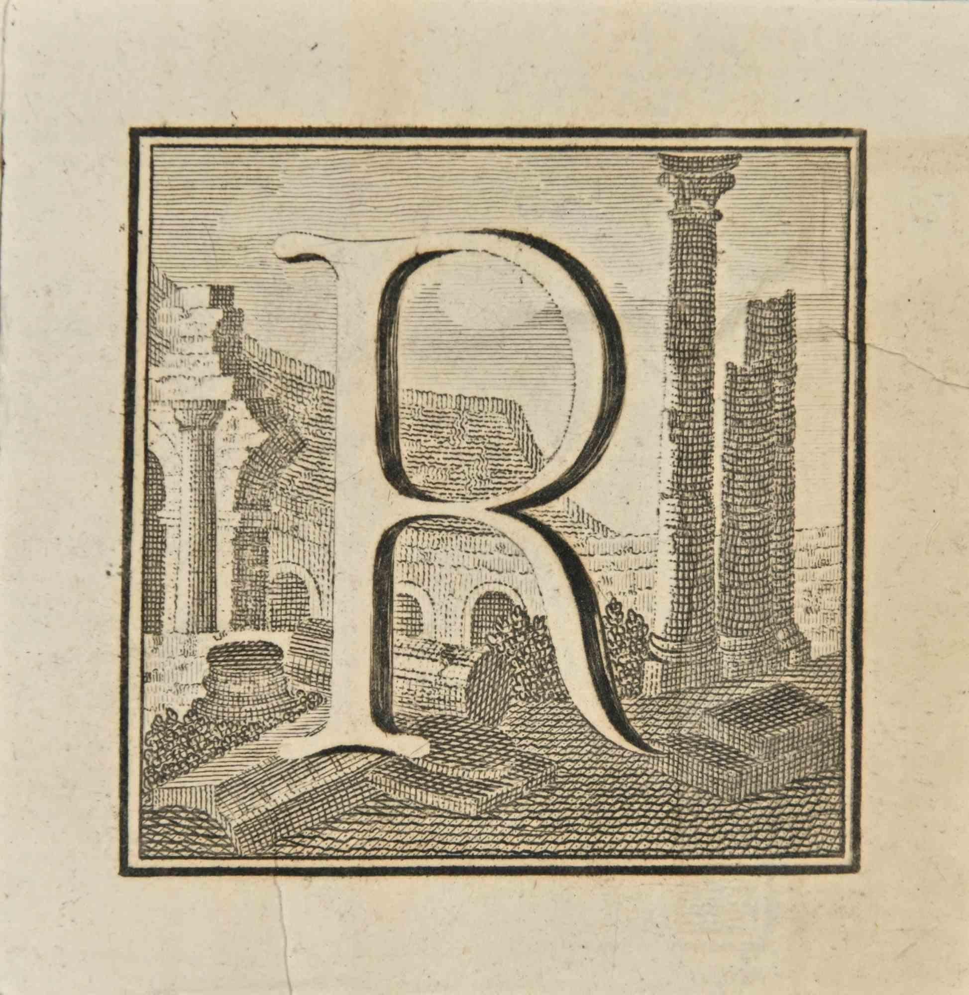 Buchstabe des Alphabets R  aus der Serie "Altertümer von Herculaneum" ist eine Radierung auf Papier, die von Luigi Vanvitelli im 18.

Gute Bedingungen.

Die Radierung gehört zu der Druckserie "Antiquities of Herculaneum Exposed" (Originaltitel: "Le