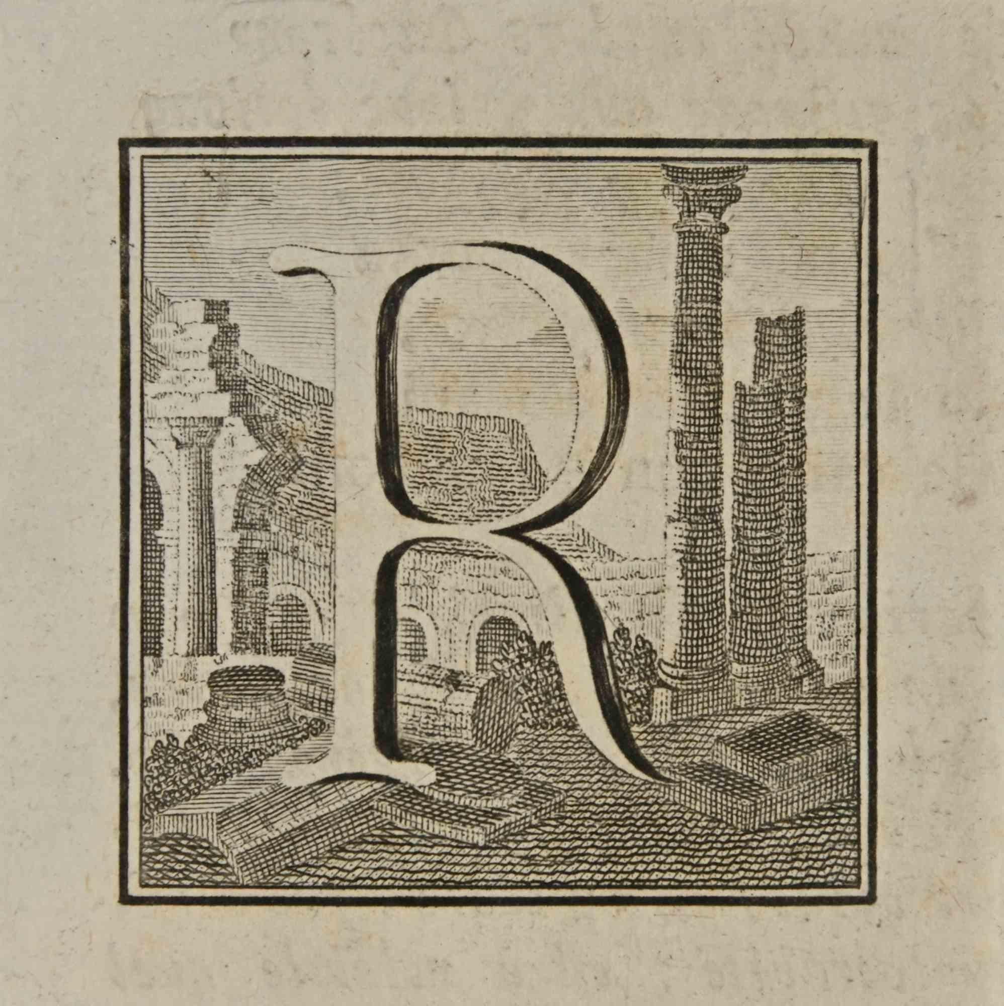 Letter of the Alphabet R,  from the series "Antiquities of Herculaneum", is an etching on paper realized by Luigi Vanvitelli in the 18th century.

Good conditions.

The etching belongs to the print suite “Antiquities of Herculaneum Exposed”