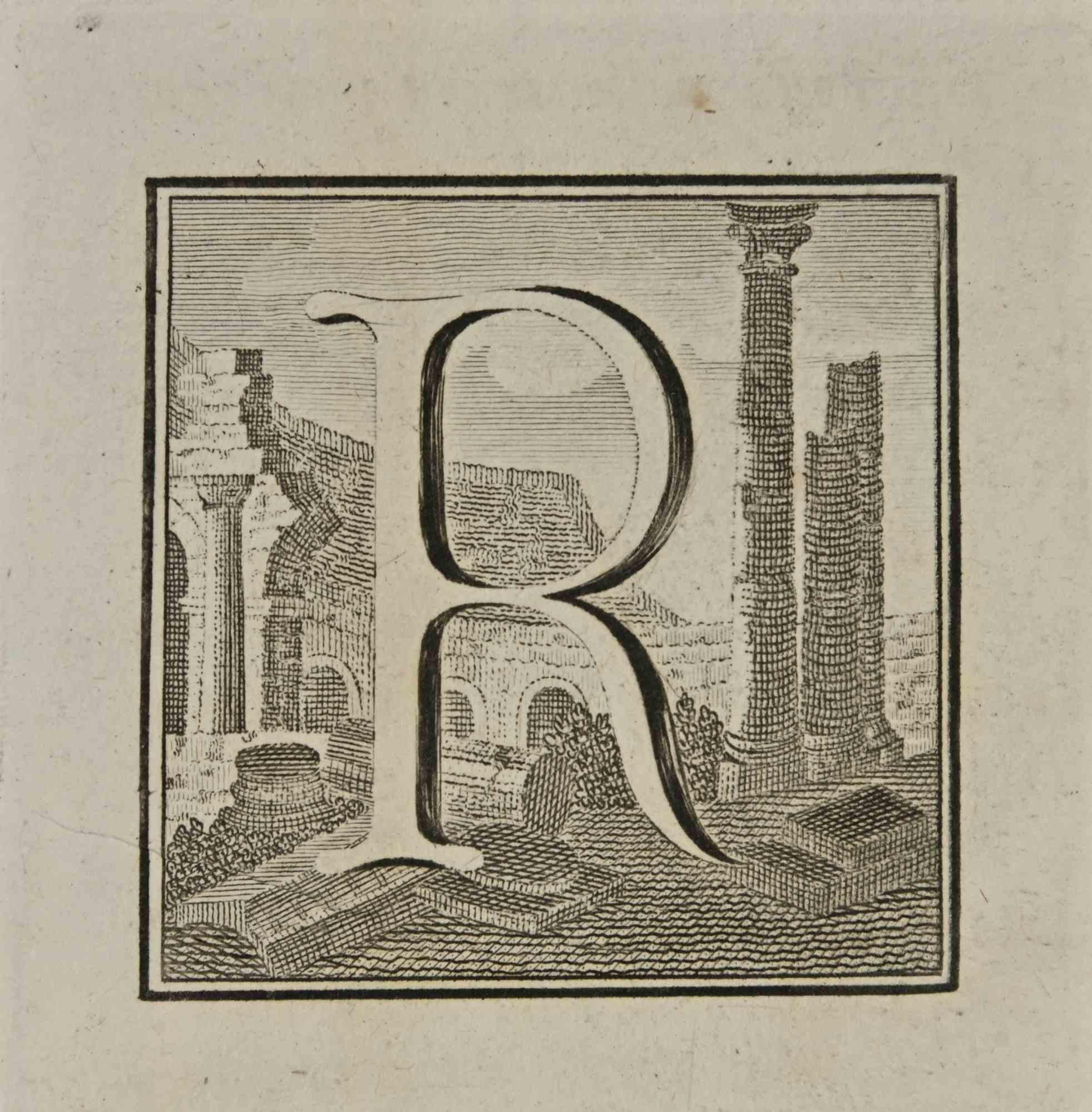 Buchstabe des Alphabets R aus der Serie "Antiquitäten von Herculaneum", ist eine Radierung auf Papier, die von Luigi Vanvitelli im 18.

Guter Zustand mit einigen Stockflecken.

Die Radierung gehört zu der Druckserie "Antiquities of Herculaneum