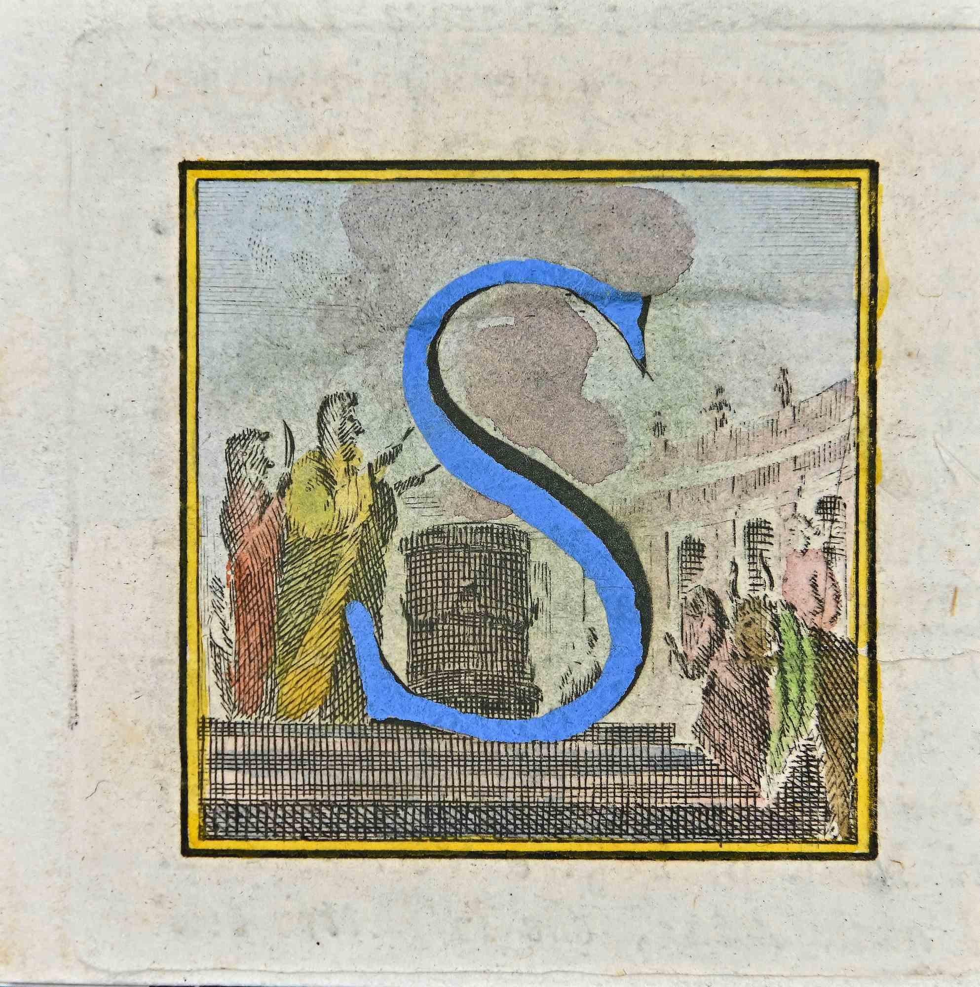 Letra del alfabeto S,  de la serie "Antigüedades de Herculano", es un aguafuerte sobre papel realizado por Luigi Vanvitelli en el siglo XVIII.

Buen estado, con pequeños pliegues.

El grabado pertenece al conjunto de grabados "Antigüedades de