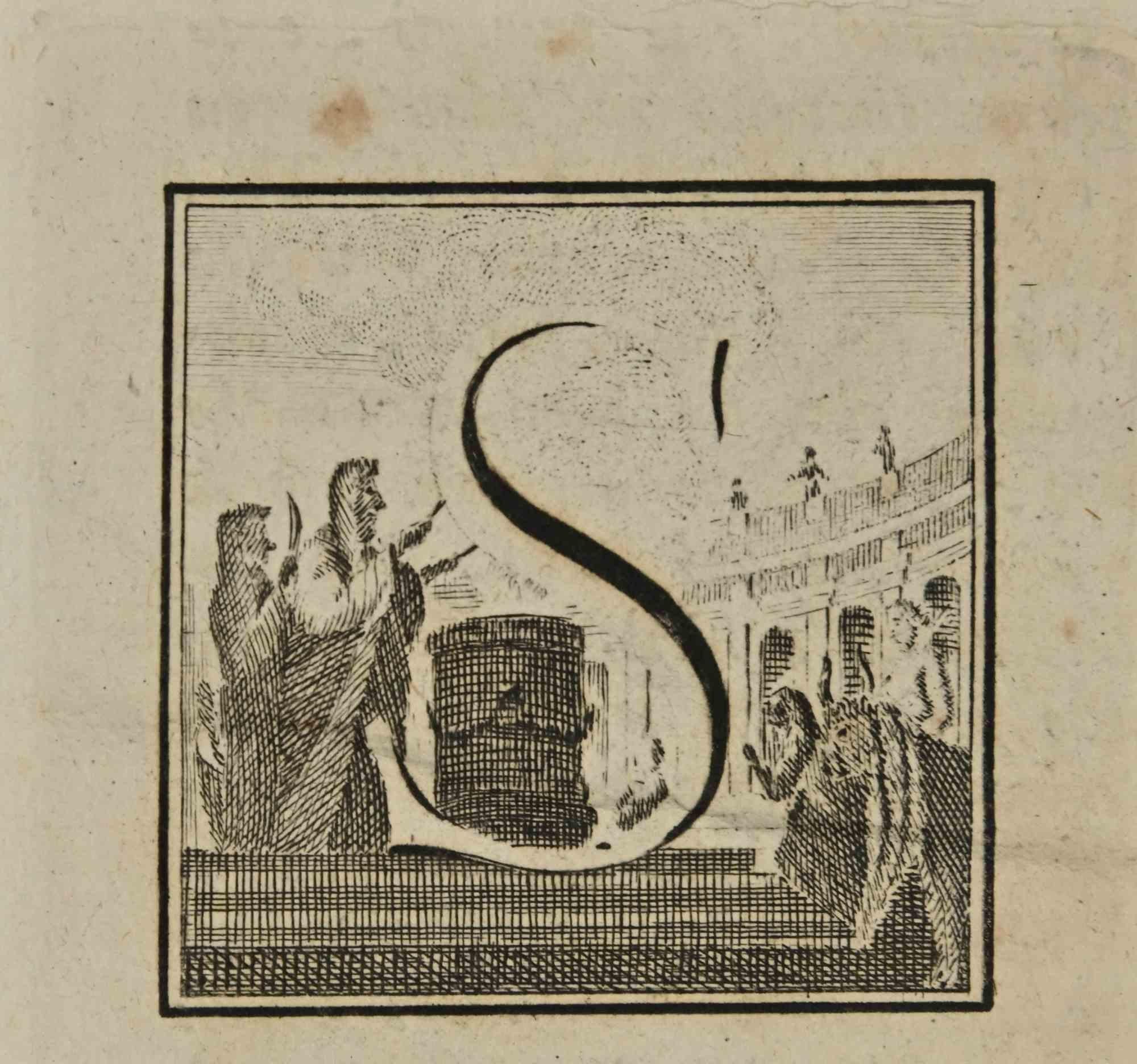Buchstabe des Alphabets S,  aus der Serie "Altertümer von Herculaneum" ist eine Radierung auf Papier, die von Luigi Vanvitelli im 18.

Guter Zustand mit leichten Stockflecken.

Die Radierung gehört zu der Druckserie "Antiquities of Herculaneum