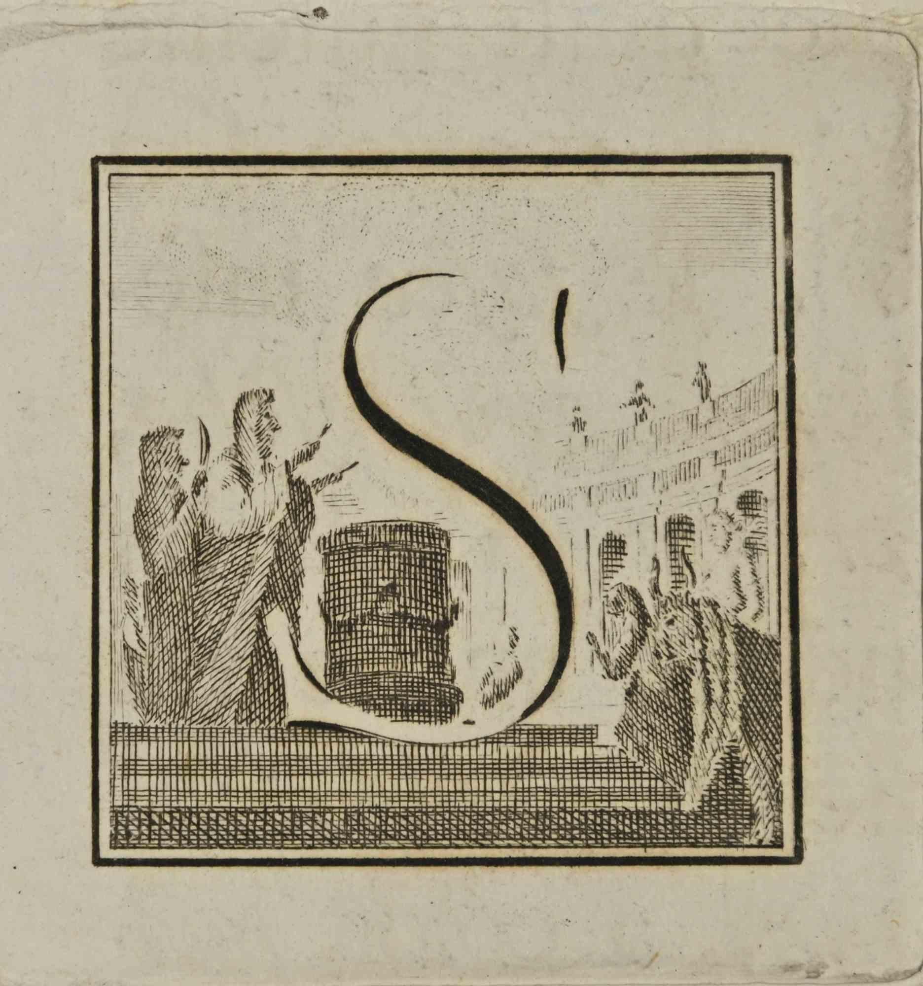 Buchstabe des Alphabets S,  aus der Serie "Altertümer von Herculaneum" ist eine Radierung auf Papier, die von Luigi Vanvitelli im 18.

Gute Bedingungen.

Die Radierung gehört zu der Druckserie "Antiquities of Herculaneum Exposed" (Originaltitel: "Le