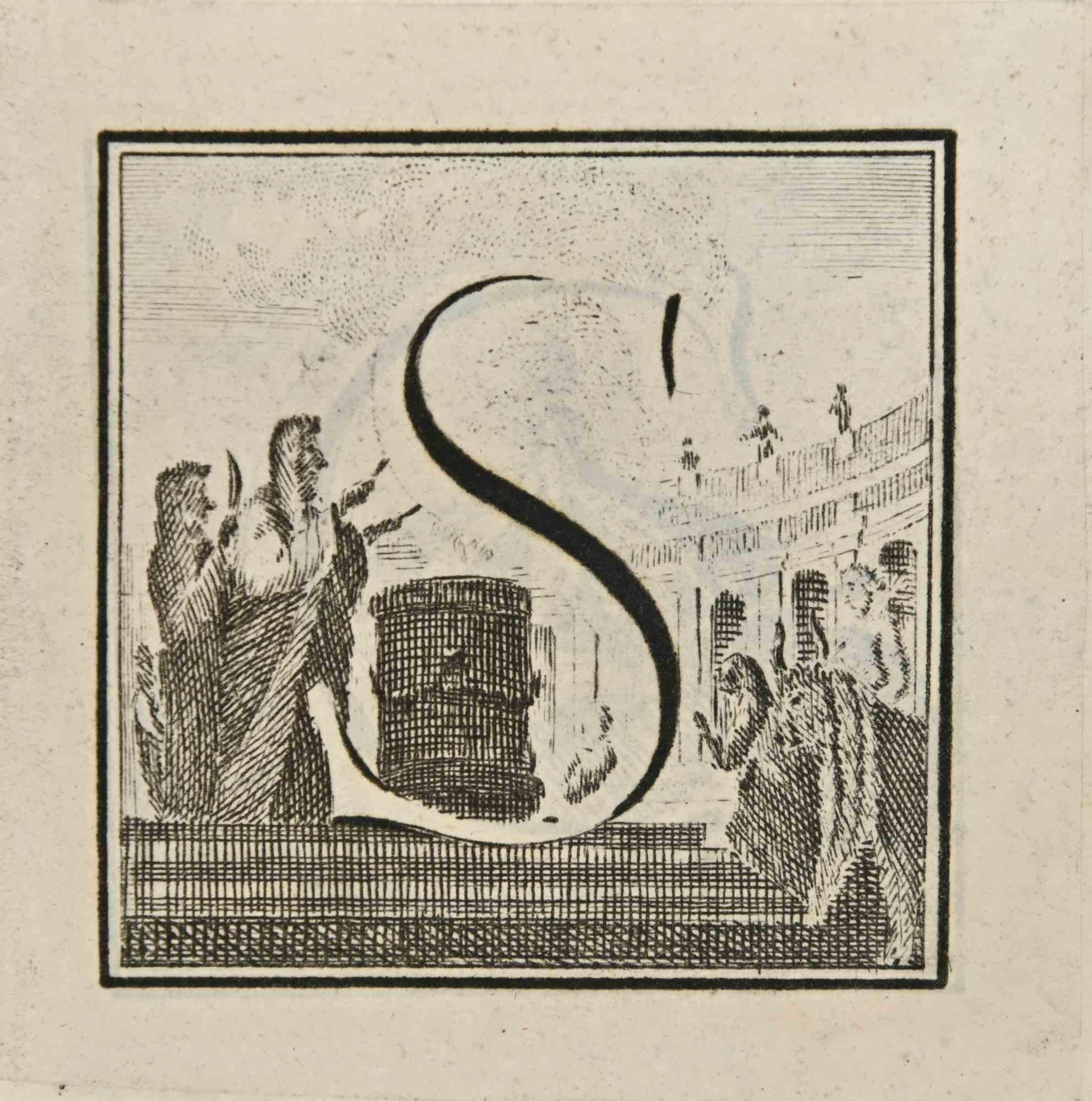 Buchstabe des Alphabets S,  aus der Serie "Altertümer von Herculaneum" ist eine Radierung auf Papier, die von Luigi Vanvitelli im 18.

Gute Bedingungen.

Die Radierung gehört zu der Druckserie "Antiquities of Herculaneum Exposed" (Originaltitel: "Le