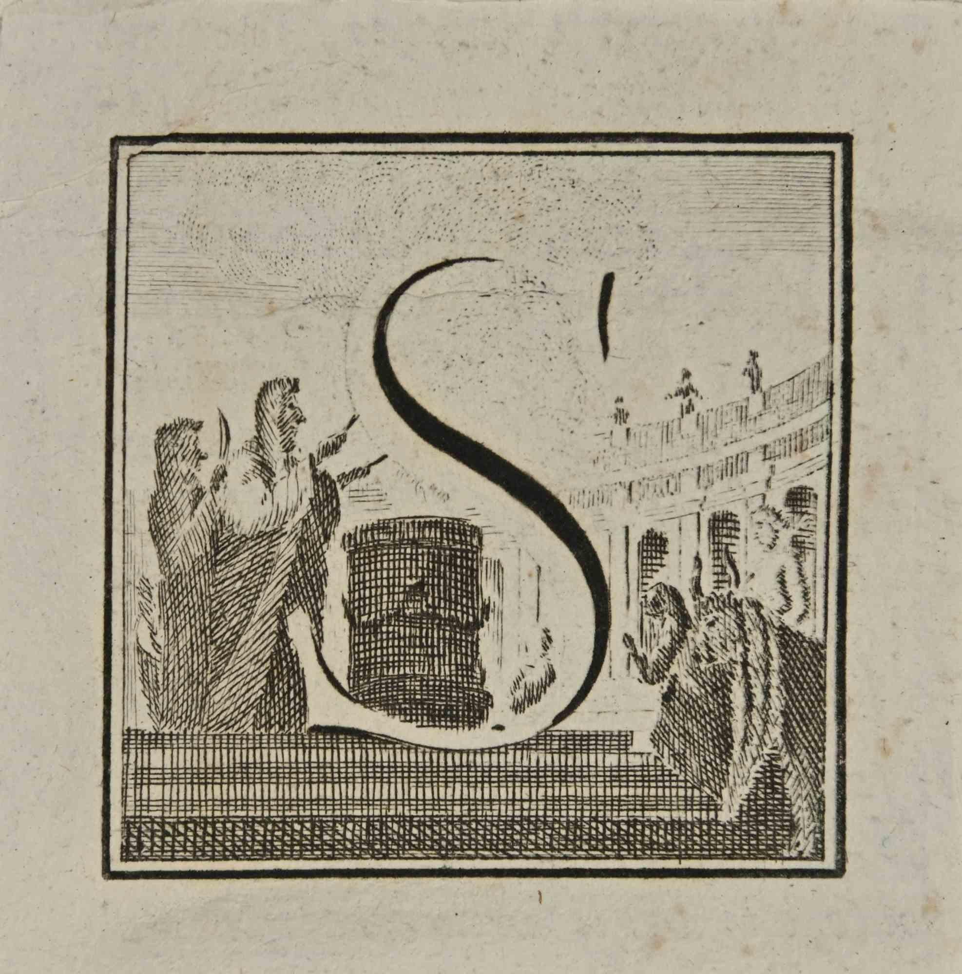 Buchstabe des Alphabets S,  aus der Serie "Altertümer von Herculaneum" ist eine Radierung auf Papier, die von Luigi Vanvitelli im 18.

Gute Bedingungen.

Die Radierung gehört zu der Druckserie "Antiquities of Herculaneum Exposed" (Originaltitel: "Le