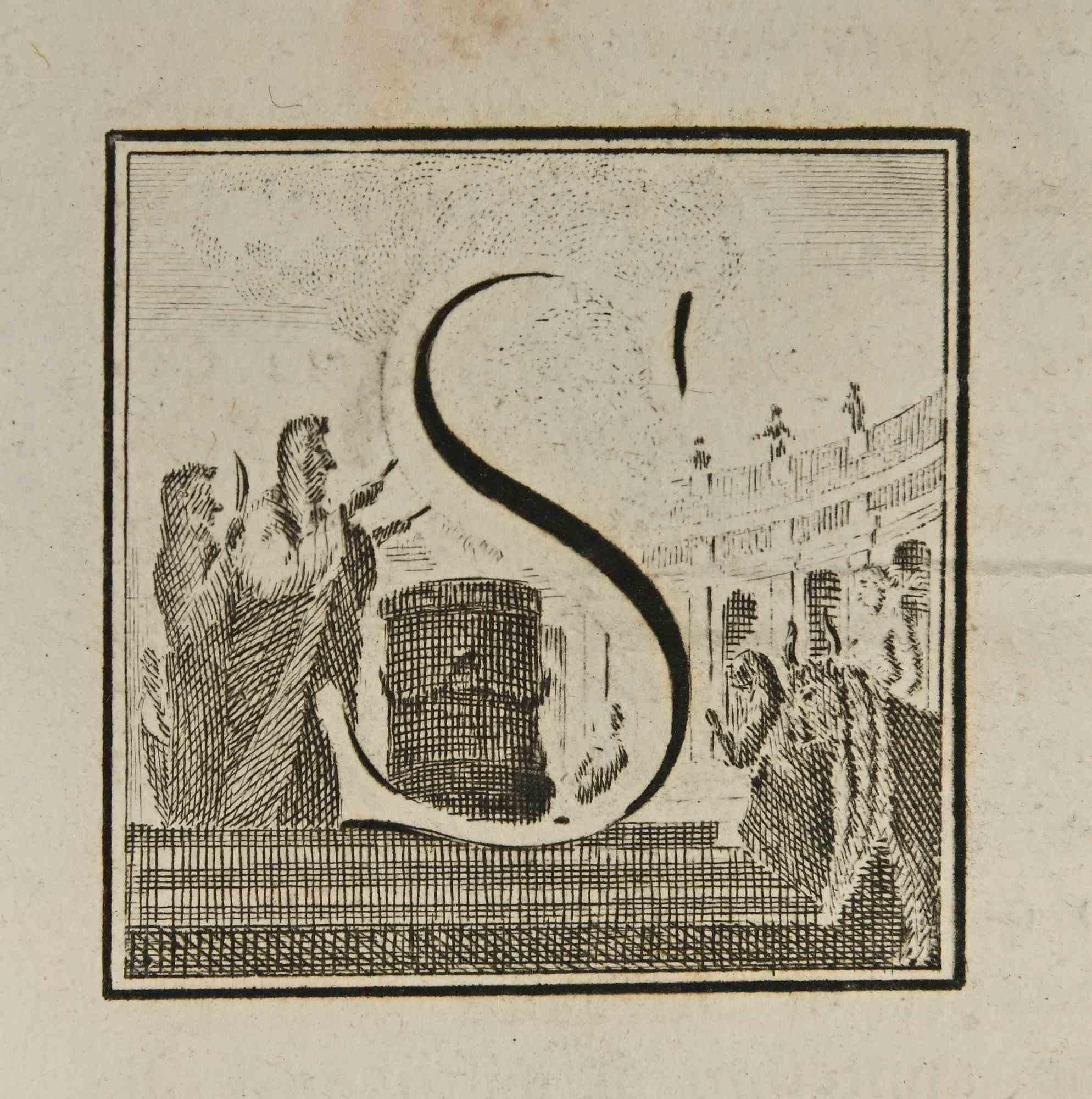 Buchstabe des Alphabets S,  aus der Serie "Altertümer von Herculaneum" ist eine Radierung auf Papier, die von Luigi Vanvitelli im 18.

Gute Bedingungen.

Die Radierung gehört zu der Druckserie "Antiquities of Herculaneum Exposed" (Originaltitel: "Le