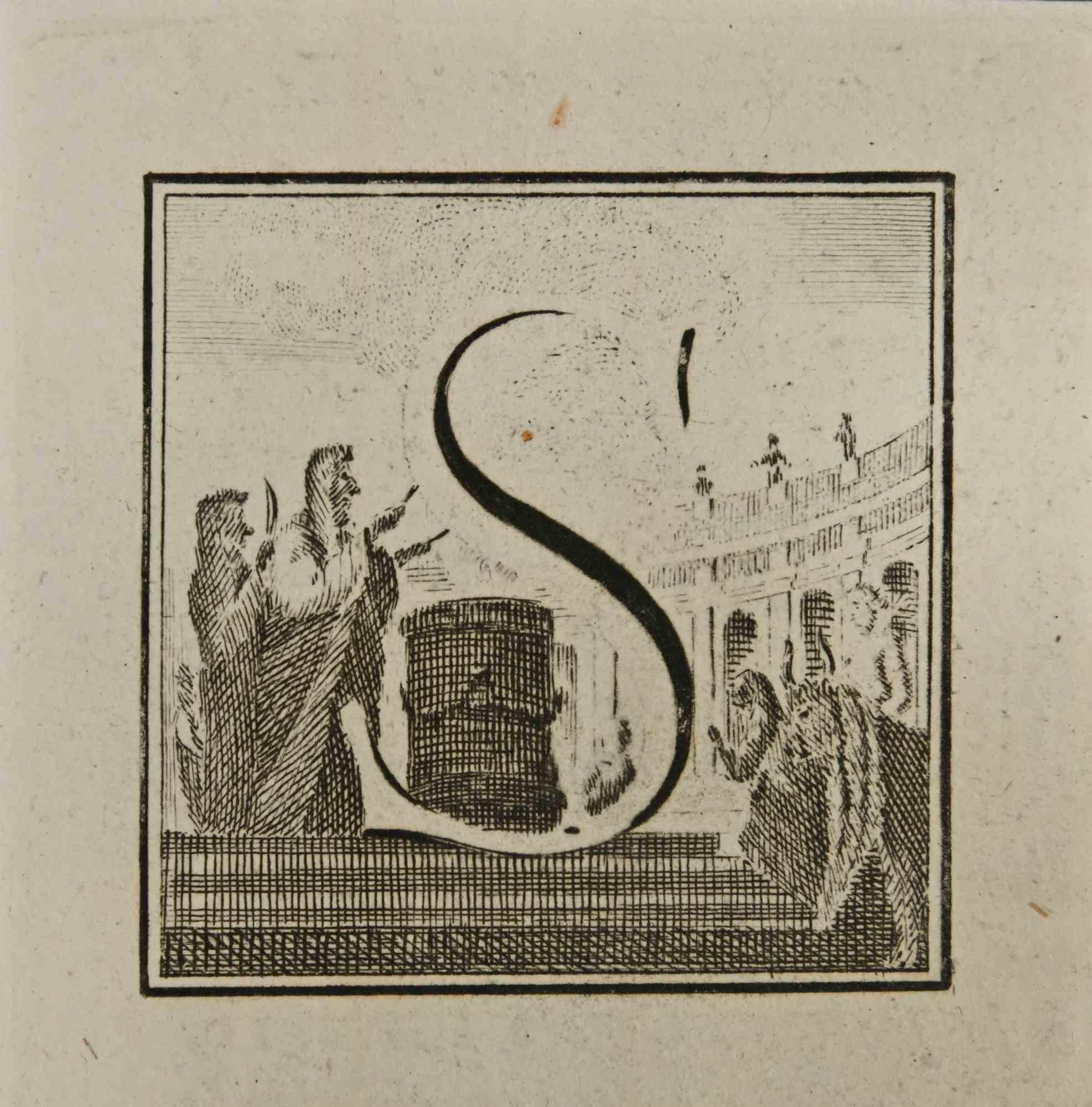 Letter of the Alphabet S,  from the series "Antiquities of Herculaneum", is an etching on paper realized by Luigi Vanvitelli in the 18th century.

Good conditions.

The etching belongs to the print suite “Antiquities of Herculaneum Exposed”