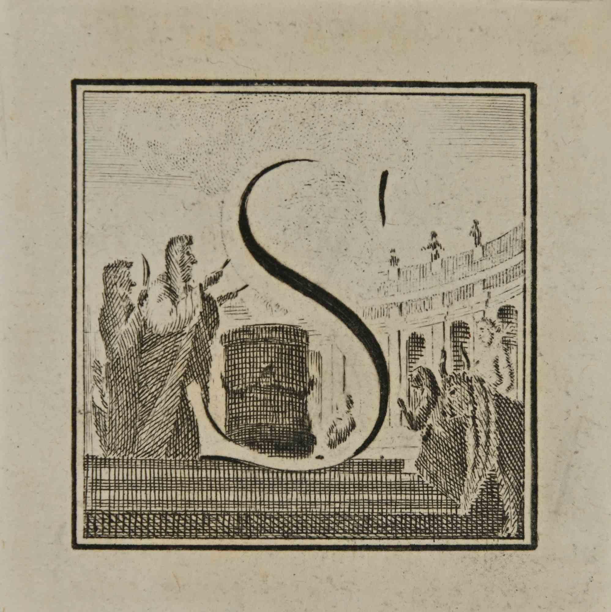 Buchstabe des Alphabets S,  aus der Serie "Altertümer von Herculaneum", ist eine Radierung auf Papier, die von Luigi Vanvitelli im 18.

Gute Bedingungen.

Die Radierung gehört zu der Druckserie "Antiquities of Herculaneum Exposed" (Originaltitel: