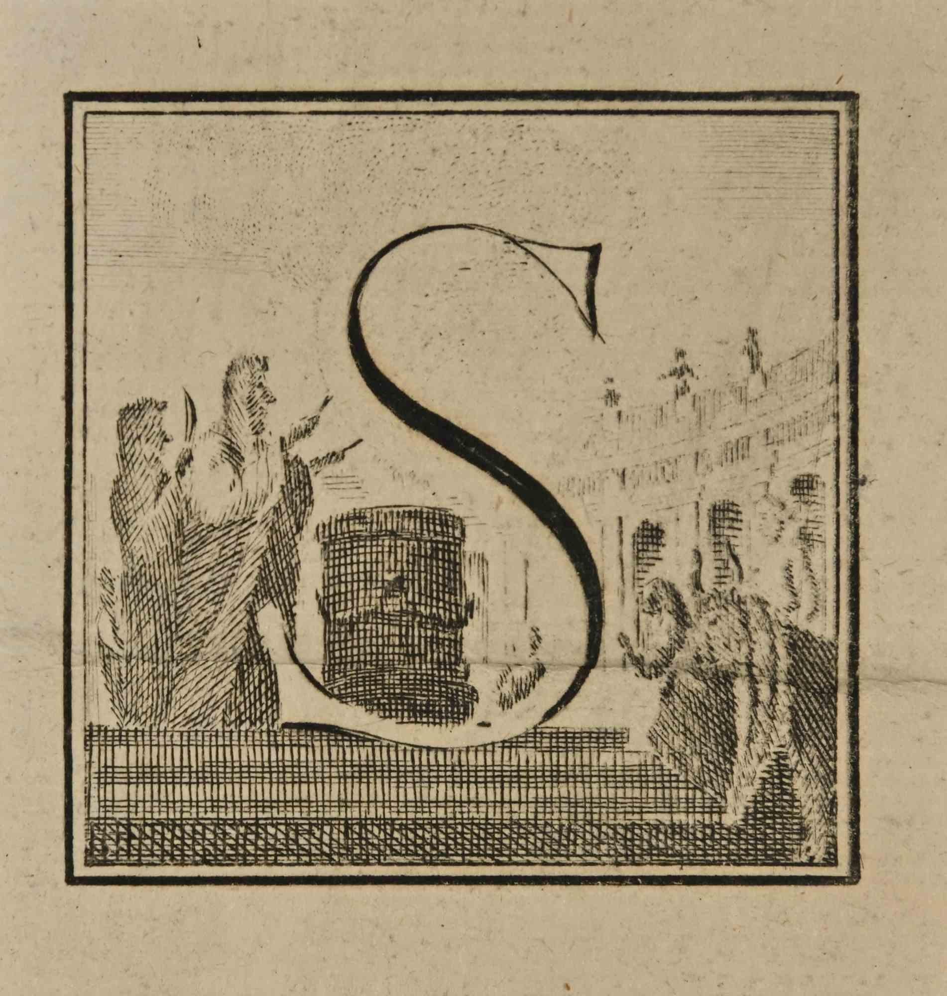 Letter of the Alphabet S,  from the series "Antiquities of Herculaneum", is an etching on paper realized by Luigi Vanvitelli in the 18th century.

Good conditions with folding.

The etching belongs to the print suite “Antiquities of Herculaneum