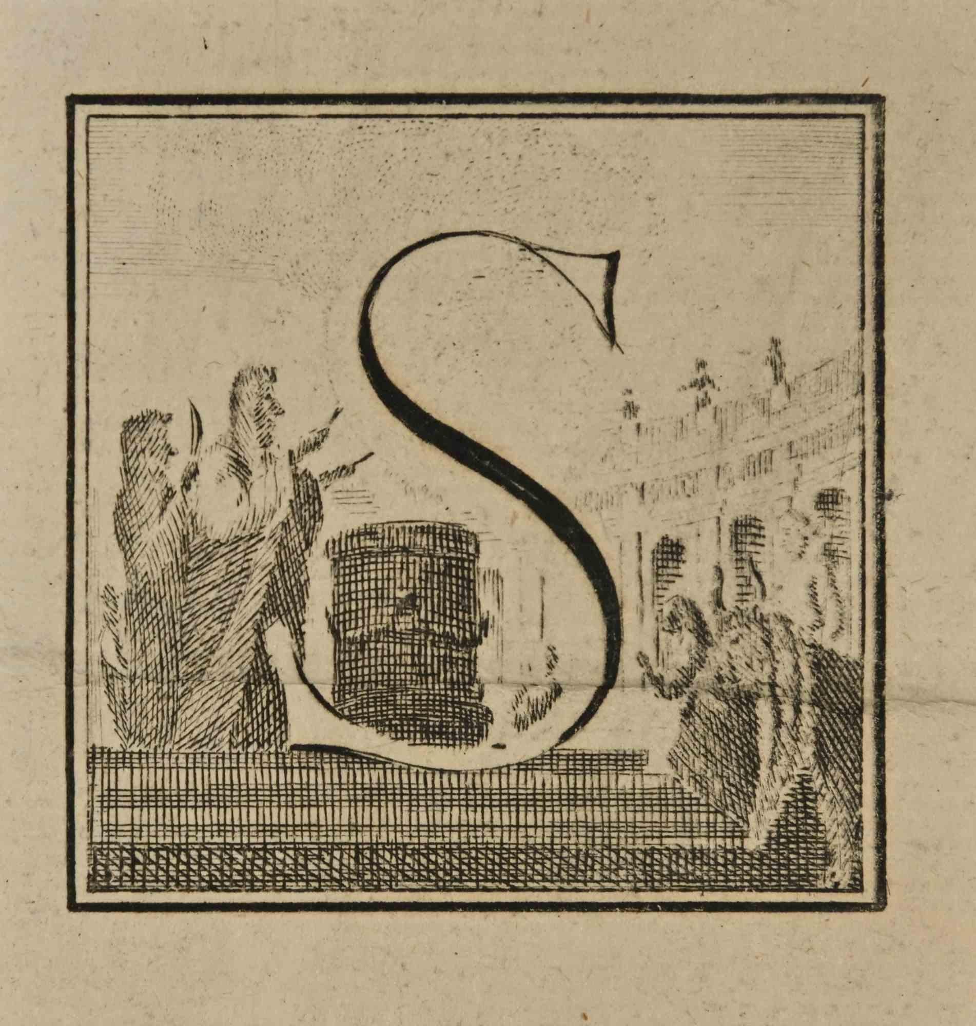 Buchstabe des Alphabets S,  aus der Serie "Altertümer von Herculaneum" ist eine Radierung auf Papier, die von Luigi Vanvitelli im 18.

Guter Zustand mit Falten.

Die Radierung gehört zu der Druckserie "Antiquities of Herculaneum Exposed"