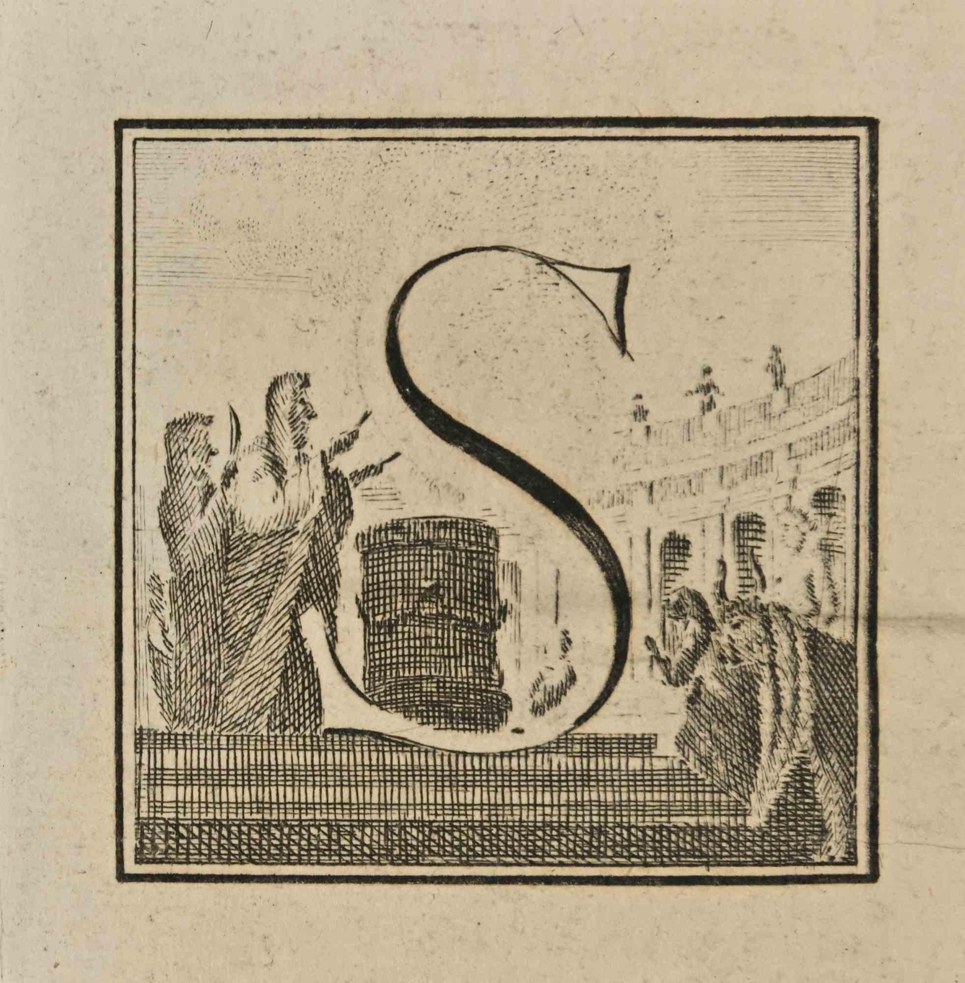 Buchstabe des Alphabets S,  aus der Serie "Altertümer von Herculaneum" ist eine Radierung auf Papier, die von Luigi Vanvitelli im 18.

Guter Zustand mit Falten.

Die Radierung gehört zu der Druckserie "Antiquities of Herculaneum Exposed"