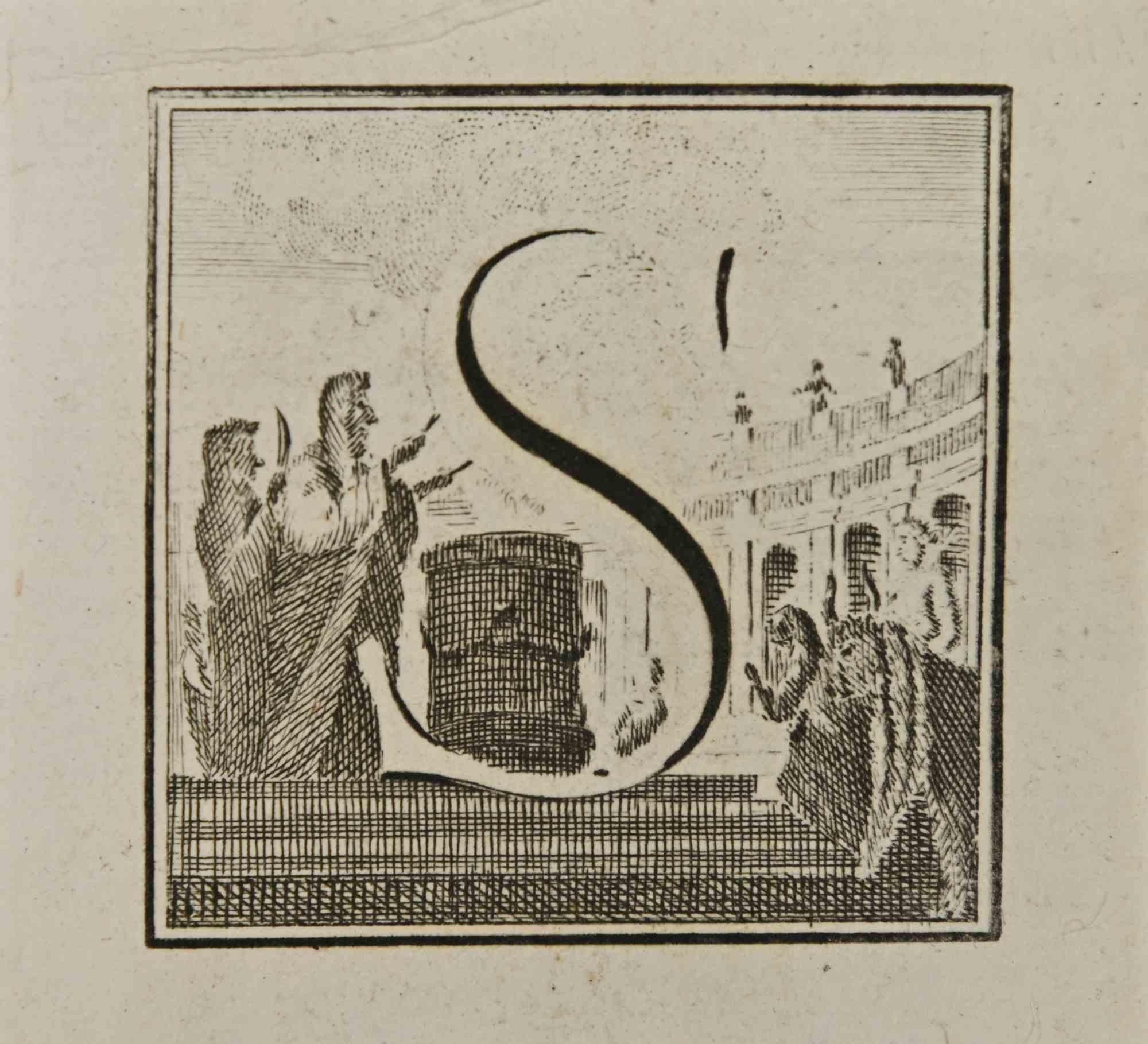 Buchstabe des Alphabets S,  aus der Serie "Altertümer von Herculaneum" ist eine Radierung auf Papier, die von Luigi Vanvitelli im 18.

Gute Bedingungen.

Die Radierung gehört zu der Druckserie "Antiquities of Herculaneum Exposed" (Originaltitel: "Le