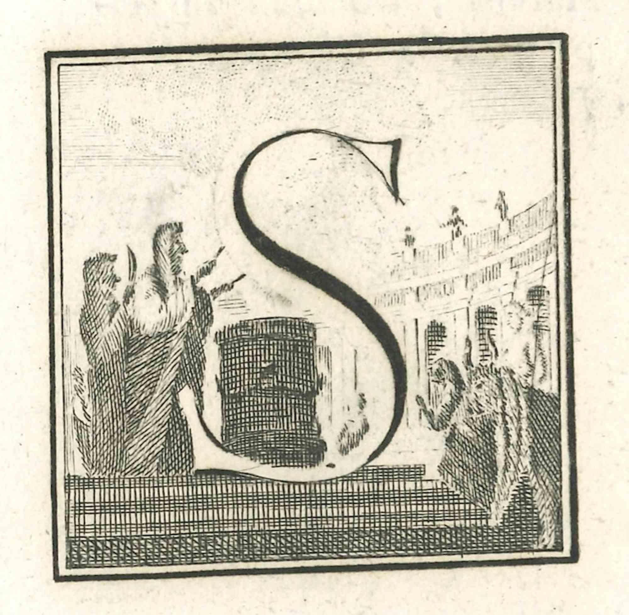 Lettre de l'alphabet S,  de la série "Antiquités d'Herculanum", est une gravure sur papier réalisée par divers auteurs au 18ème siècle.

Bonnes conditions.

La gravure appartient à la suite d'estampes "Antiquités d'Herculanum exposées" (titre