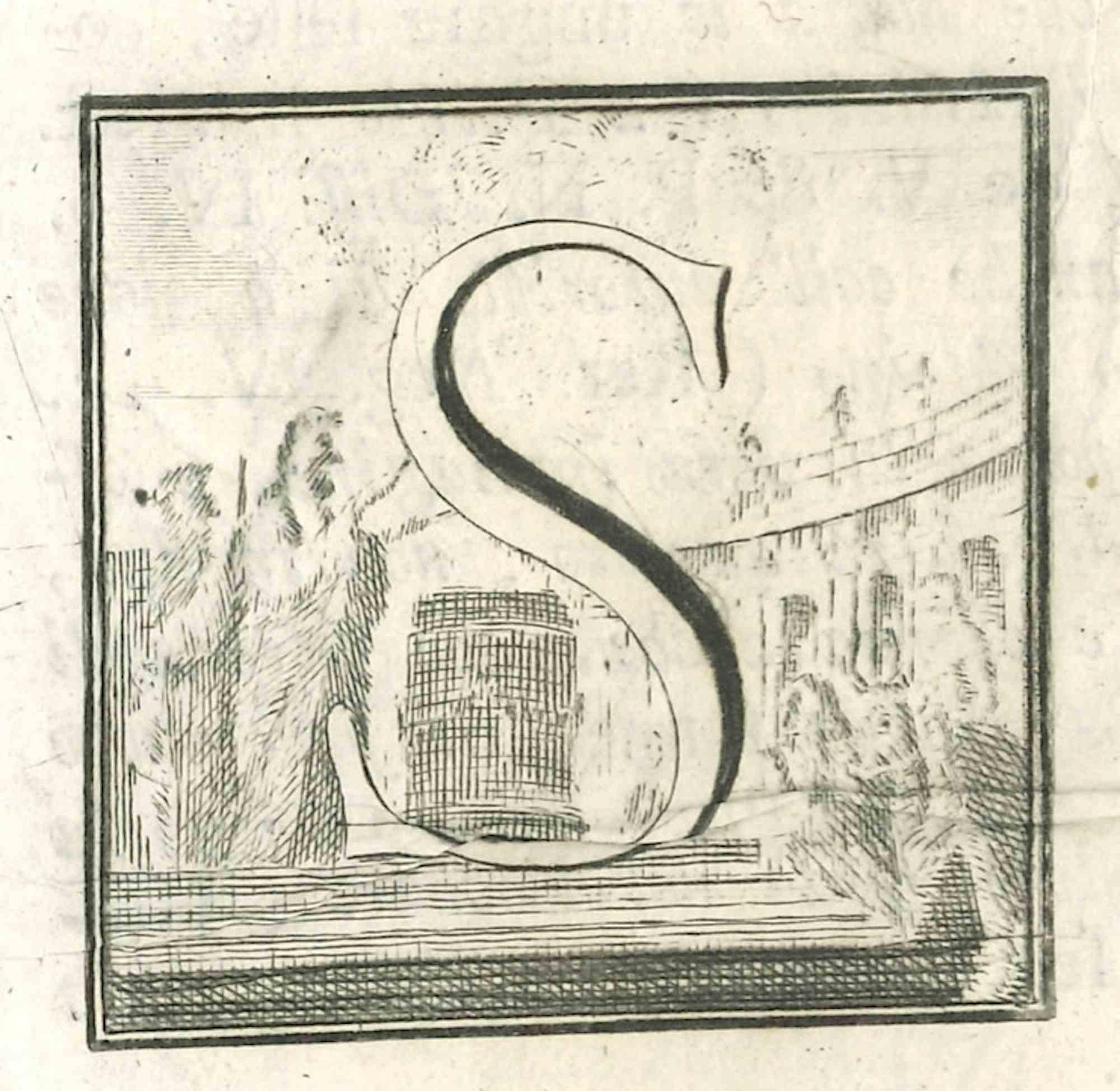 Lettre de l'alphabet S,  de la série "Antiquités d'Herculanum", est une gravure sur papier réalisée par divers auteurs au 18ème siècle.

Bonnes conditions.

La gravure appartient à la suite d'estampes "Antiquités d'Herculanum exposées" (titre