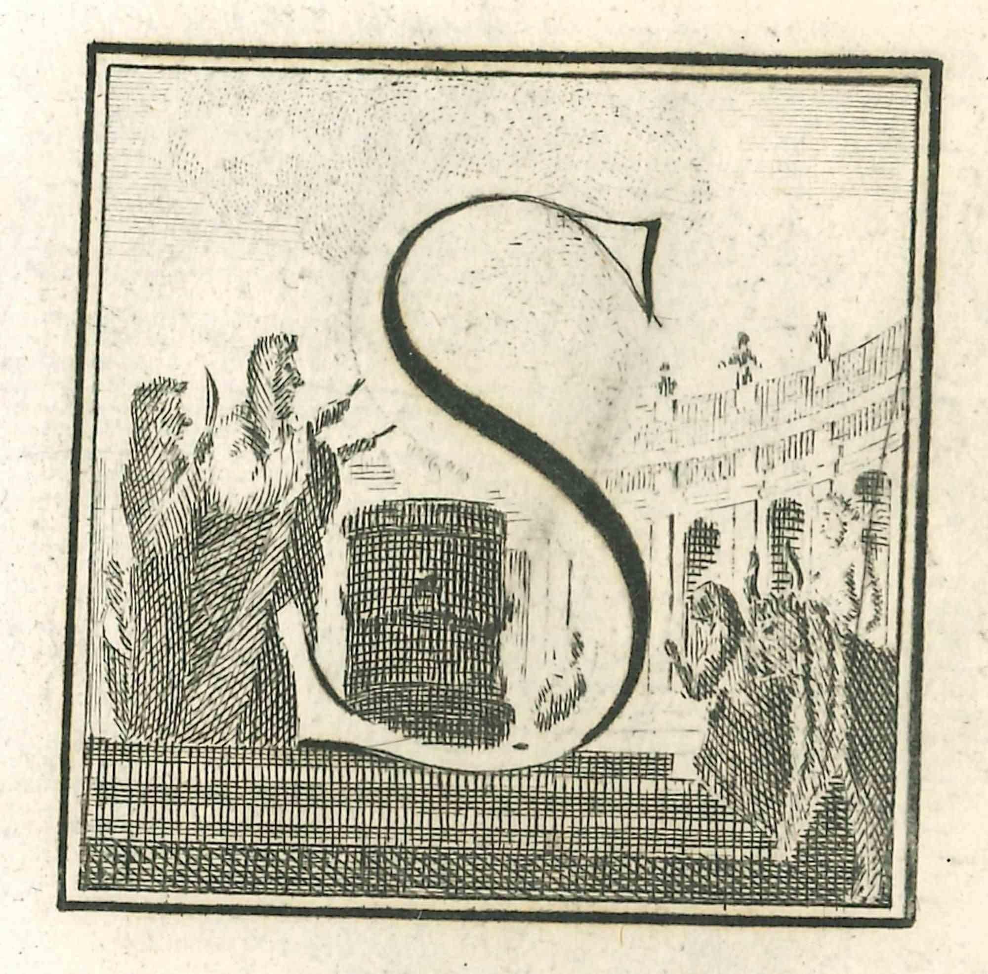 Lettre de l'alphabet S,  de la série "Antiquités d'Herculanum", est une gravure sur papier réalisée par Luigi Vanvitelli au 18ème siècle.

Bonnes conditions.

La gravure appartient à la suite d'estampes "Antiquités d'Herculanum exposées" (titre