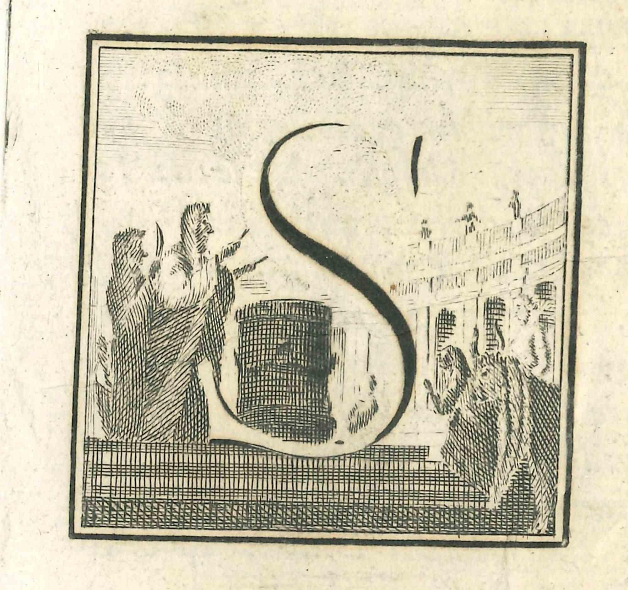 Letter of the Alphabet S,  from the series "Antiquities of Herculaneum", is an etching on paper realized by Luigi Vanvitelli in the 18th century.

Good conditions with slight folding.

The etching belongs to the print suite “Antiquities of