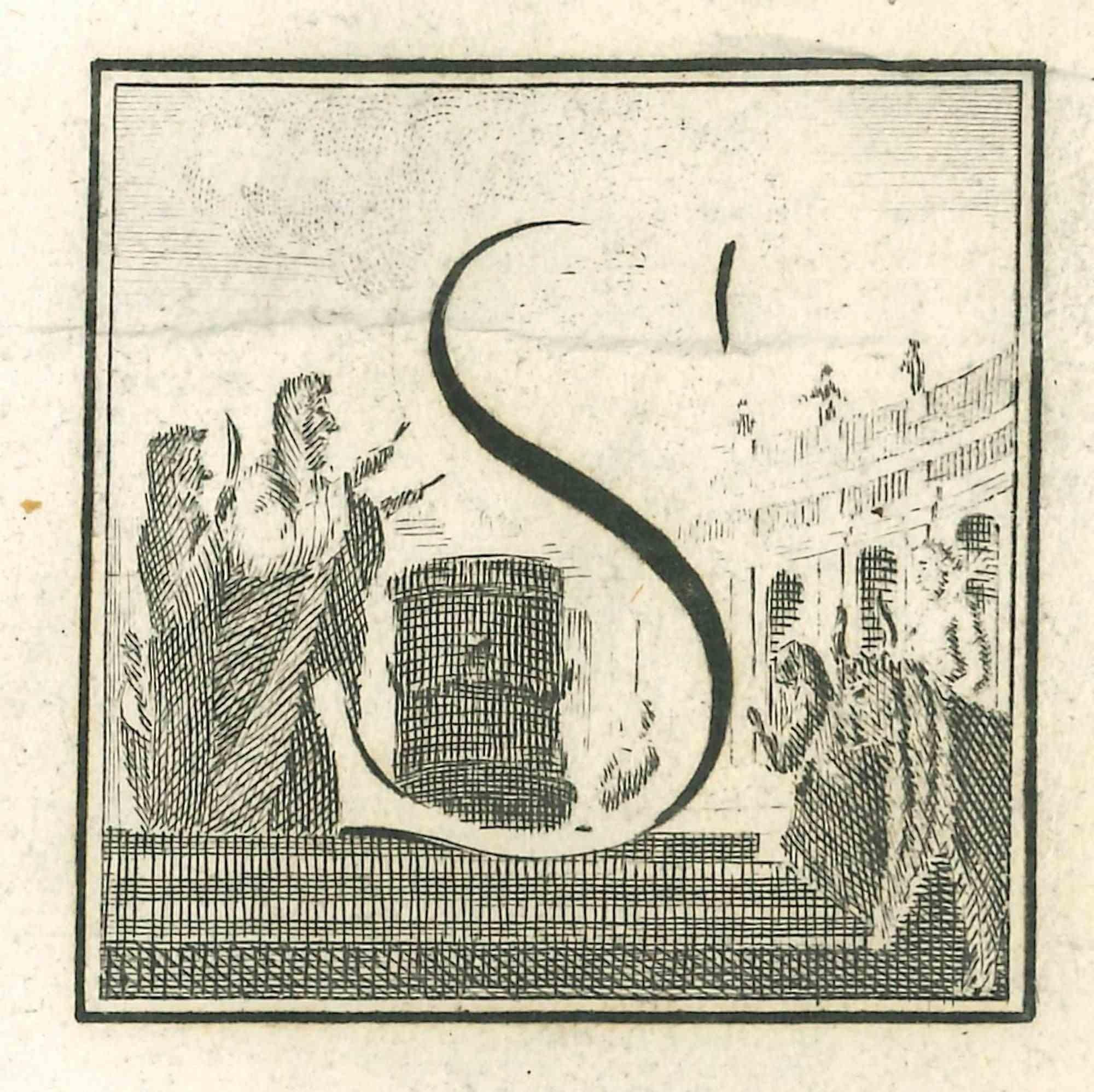 Lettre de l'alphabet S,  de la série "Antiquités d'Herculanum", est une gravure sur papier réalisée par Luigi Vanvitelli au 18ème siècle.

Bon état avec de légers plis.

La gravure appartient à la suite d'estampes "Antiquités d'Herculanum exposées"