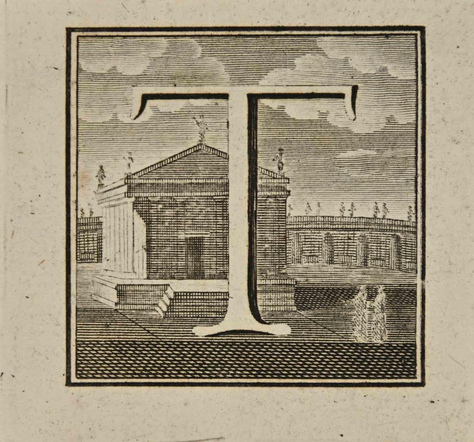 Lettre de l'alphabet T,  de la série "Antiquités d'Herculanum", est une gravure sur papier réalisée par Luigi Vanvitelli au 18ème siècle.

Bonnes conditions.

La gravure appartient à la suite d'estampes "Antiquités d'Herculanum exposées" (titre