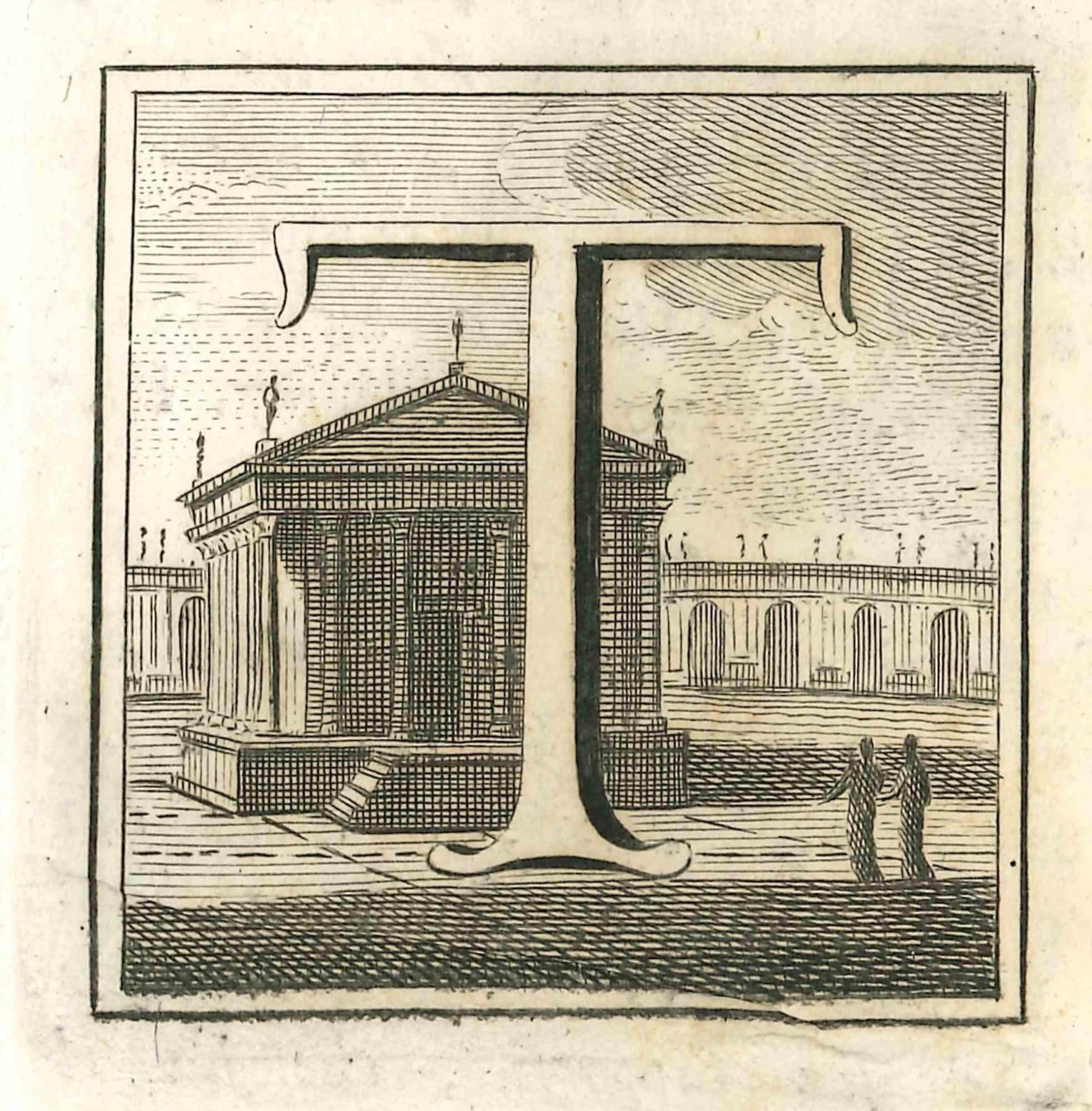 Buchstabe „T“ – Radierung von Luigi Vanvitelli – 18. Jahrhundert