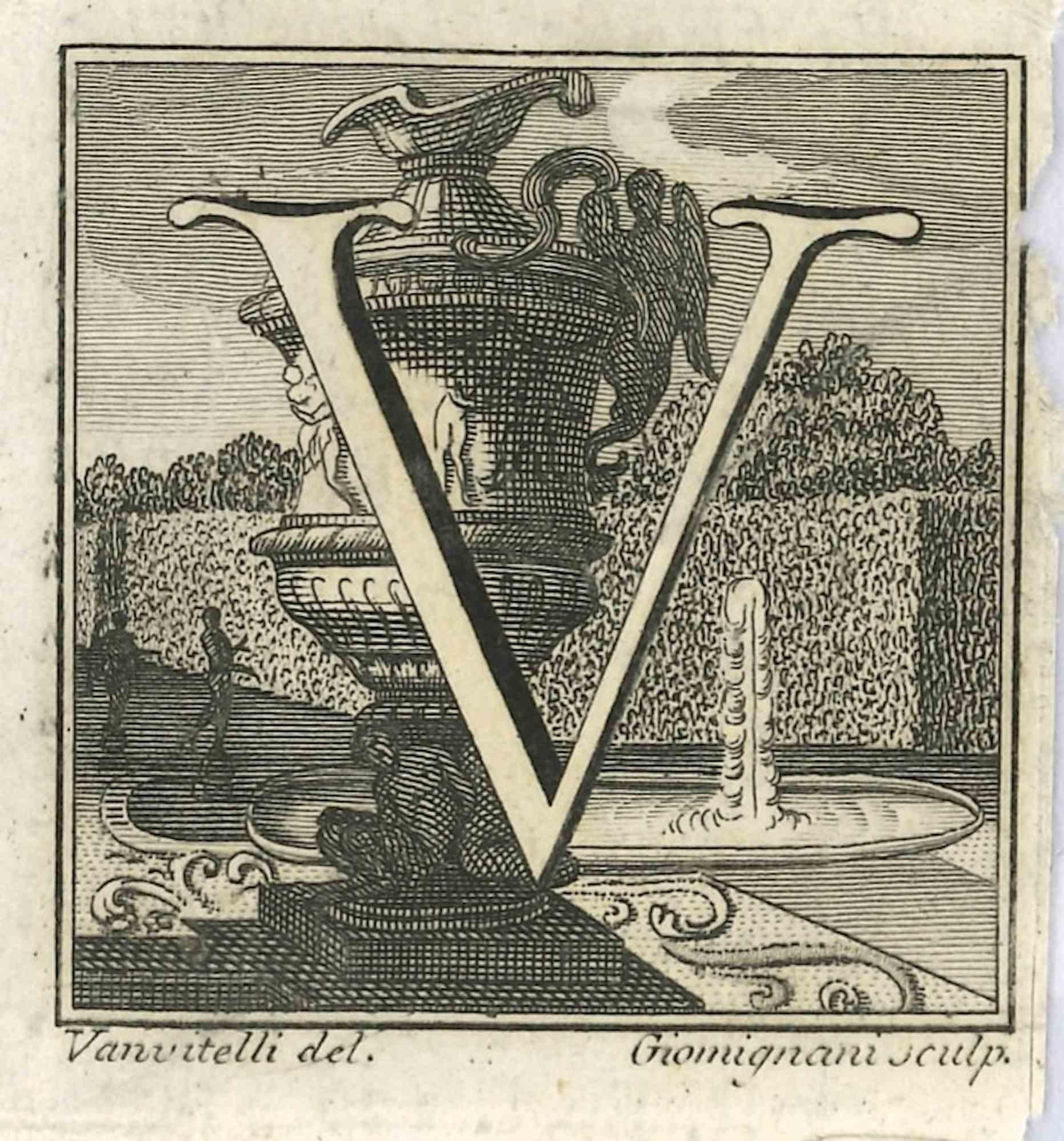 Lettre de l'alphabet V,  de la série "Antiquités d'Herculanum", est une gravure sur papier réalisée par Luigi Vanvitelli au 18ème siècle.

Bonnes conditions.

La gravure appartient à la suite d'estampes "Antiquités d'Herculanum exposées" (titre
